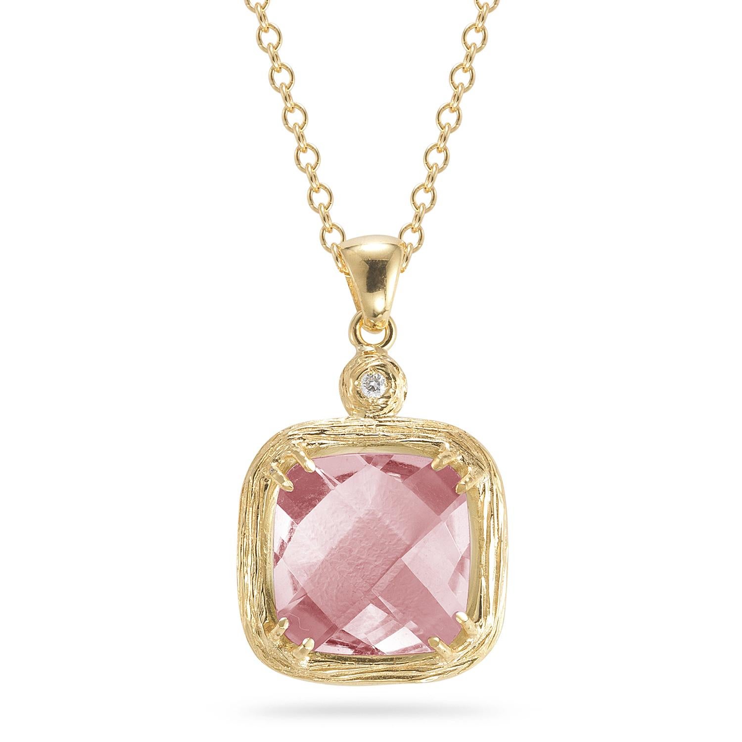 Realizzato a mano in oro 14K 0,02 ct. tw. Ciondolo con diamante e quarzo rosa da 3,35 carati In condizioni Nuovo in vendita a Great Neck, NY