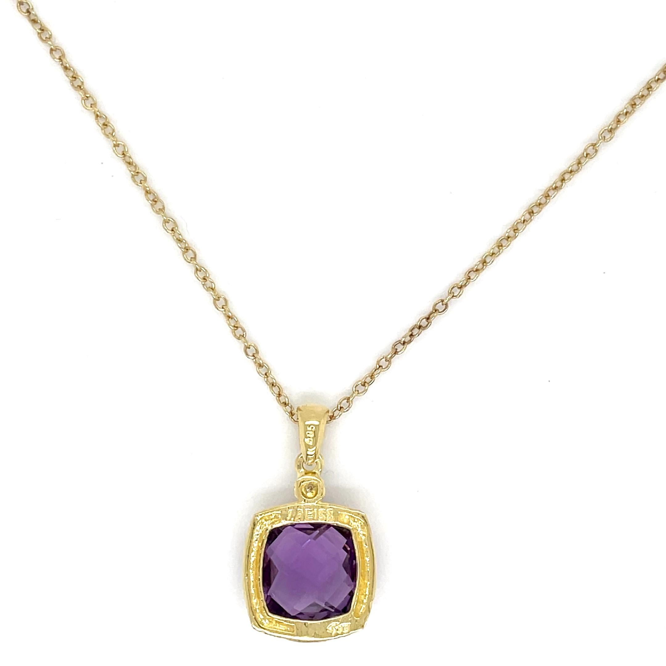 Taille coussin Or 14 carats fait main 0,02 carat tw. Pendentif diamant et améthyste 3.6CT en vente