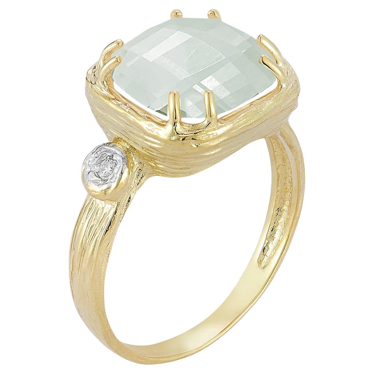 Hand-Crafted 14K Gold 0.03 ct. tw. & 10mm 3.5CT Green Amethyst Color Ring