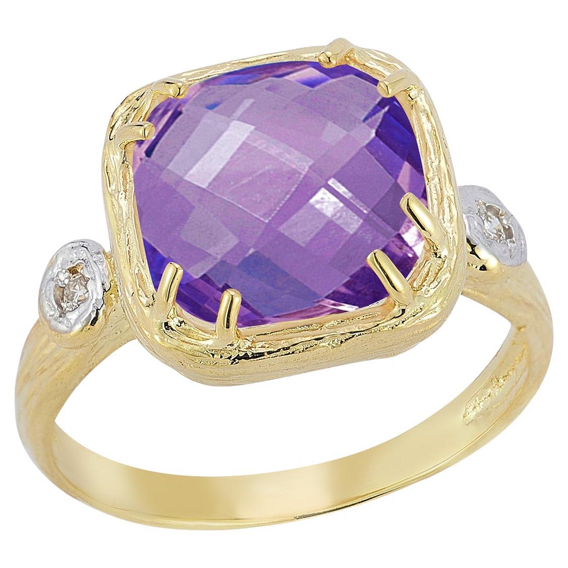 Hand-Crafted 14K Gold 0.03 ct. tw. Diamond & 10mm 3.5CT Amethyst Color Ring