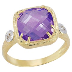 Handgefertigtes 14K Gold 0.03 ct. tw. Diamant & 10 mm 3,5CT Amethyst Farbe Ring mit Diamant