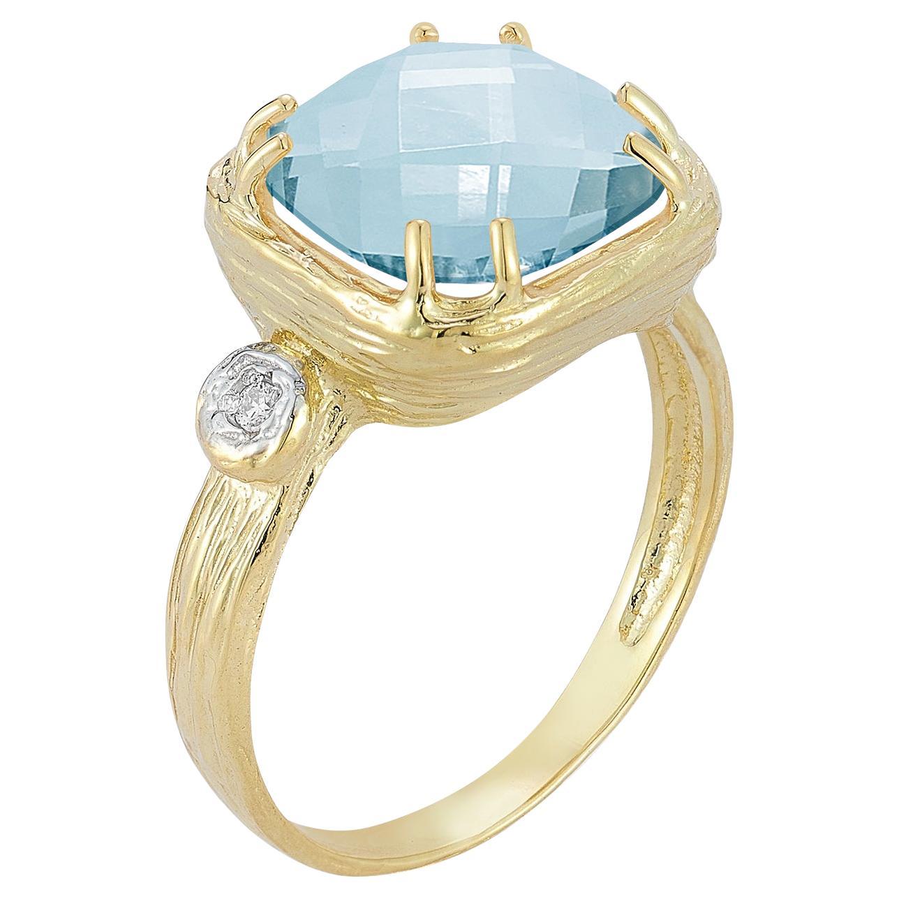 Hand-Crafted 14K Gold 0.03 ct. tw. Diamond & 10mm 4.75CT Blue Topaz Color Ring