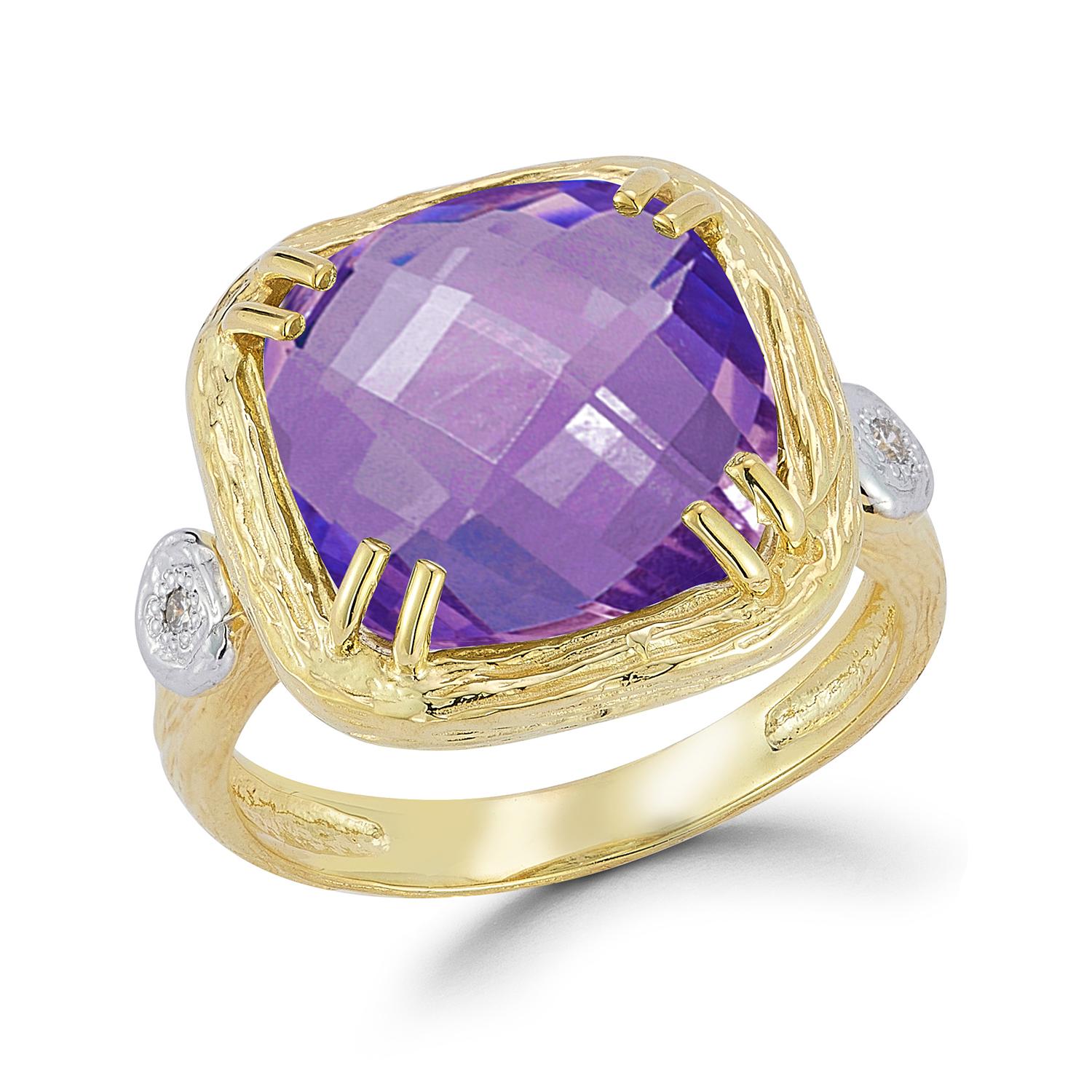 For Sale:  Hand-Crafted 14K Gold 0.03 ct. tw. Diamond & 12mm 6.0CT Amethyst Color Ring 2