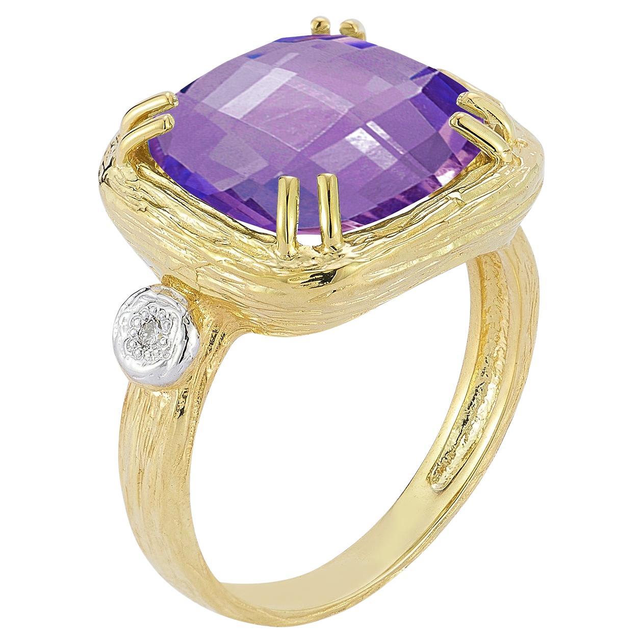 En vente :  Or 14 carats fait à la main 0,03 carat tw. Bague avec diamant et améthyste de couleur 6.0CT 12mm