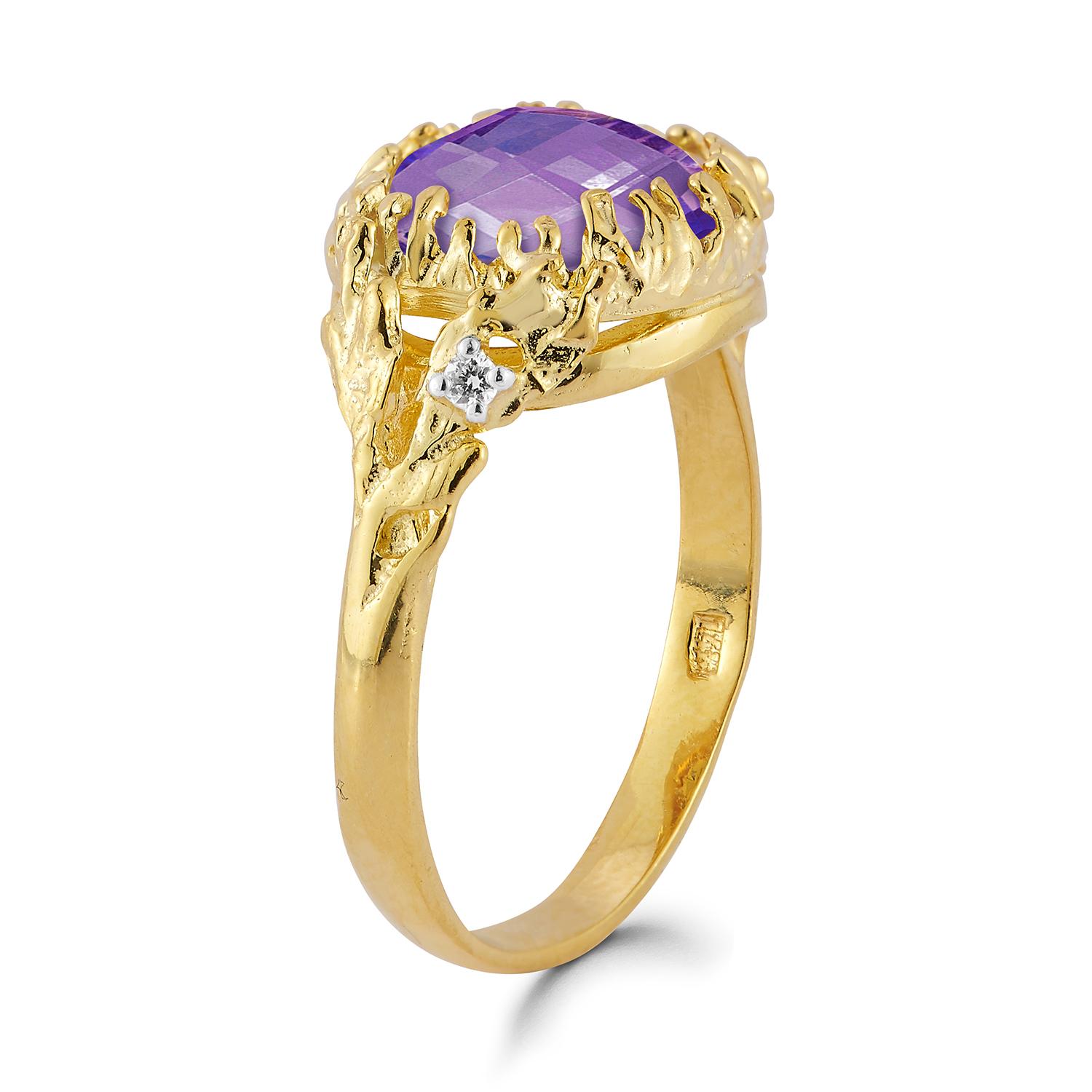 For Sale:  Hand-Crafted 14K Gold 0.03 ct. tw. Diamond & 3.25CT Amethyst Color Stone Ring 2