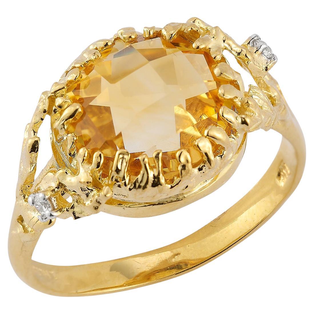 For Sale:  Hand-Crafted 14K Gold 0.03 ct. tw. Diamond & 3.35CT Citrine Color Stone Ring