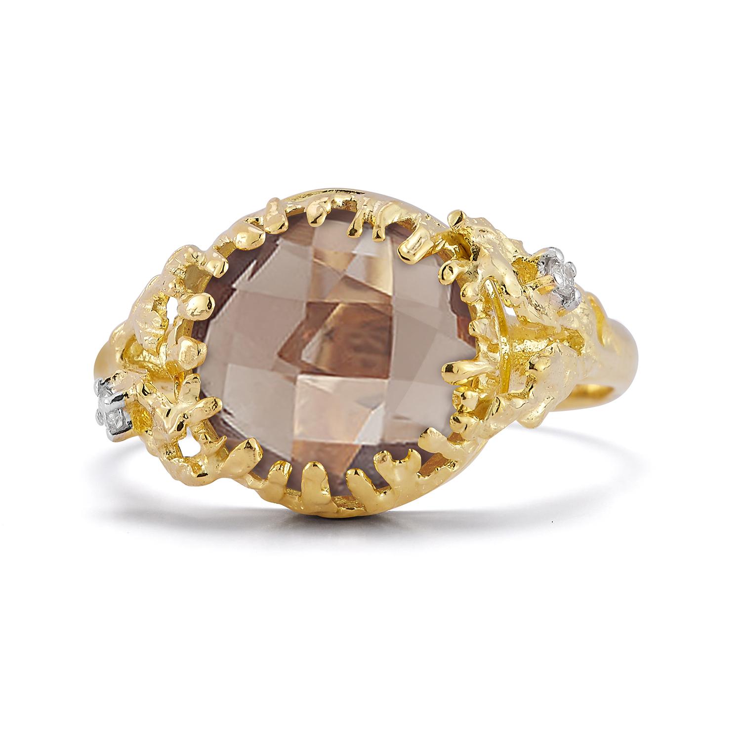 For Sale:  Hand-Crafted 14K Gold 0.03 ct. tw. Diamond & 3.5CT Smokey Topaz Cocktail Ring 3