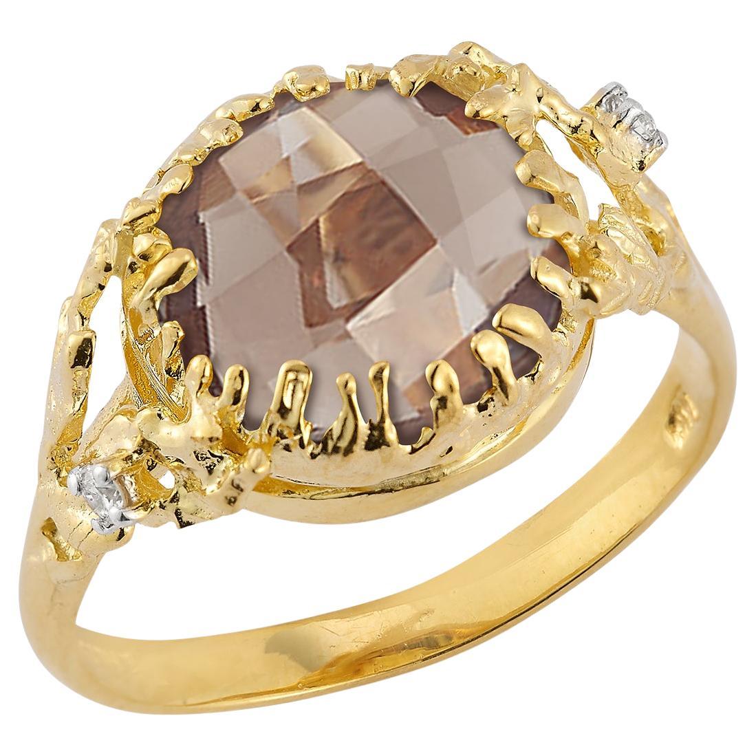 Hand-Crafted 14K Gold 0.03 ct. tw. Diamond & 3.5CT Smokey Topaz Cocktail Ring