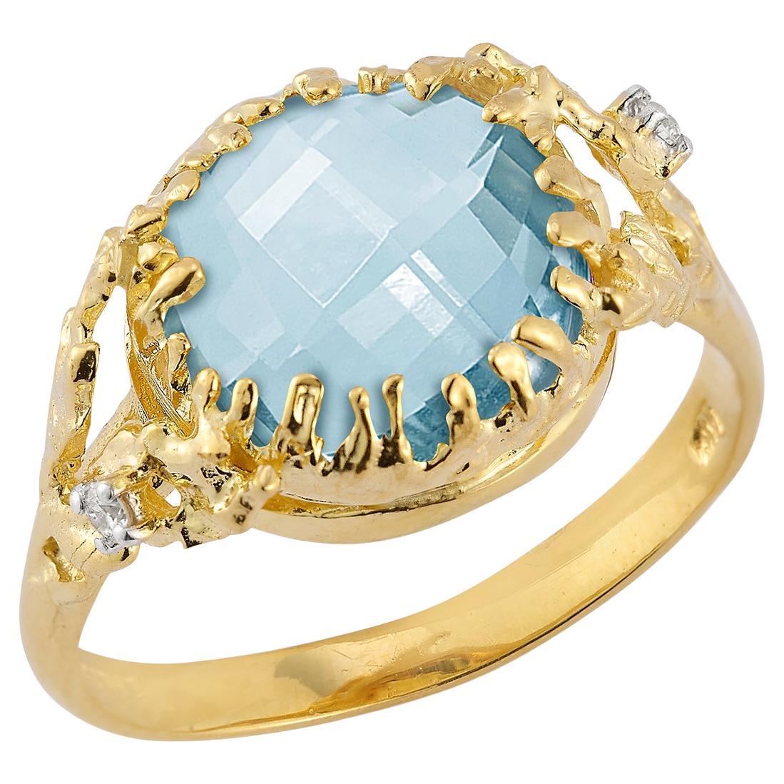 For Sale:  Hand-Crafted 14K Gold 0.03 ct. tw. Diamond & 4.25CT Blue Topaz Color Stone Ring