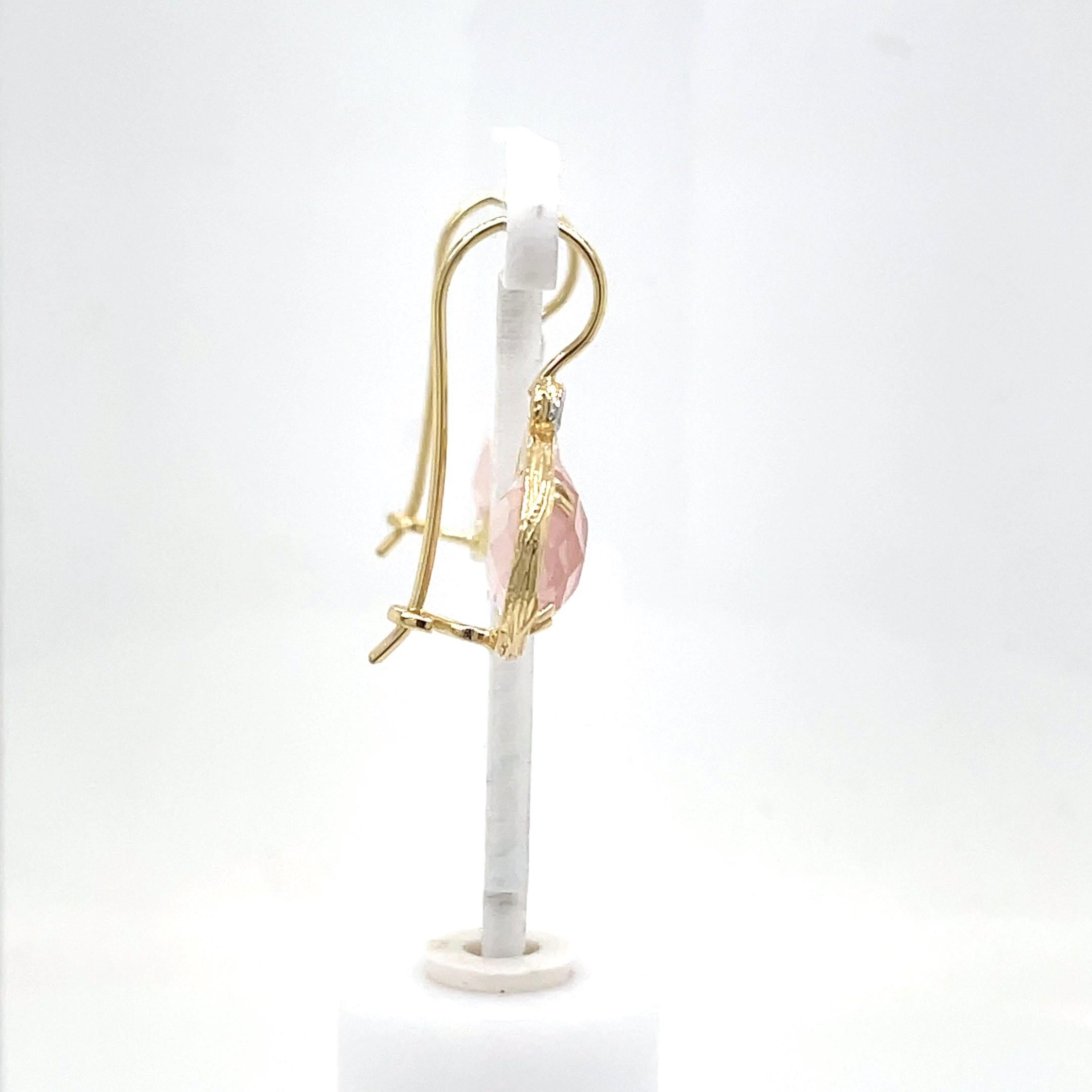 Round Cut Hand-Crafted 14K Gold 0.03 ct. tw. Diamond & 7.0ct Rose Quartz Earrings For Sale