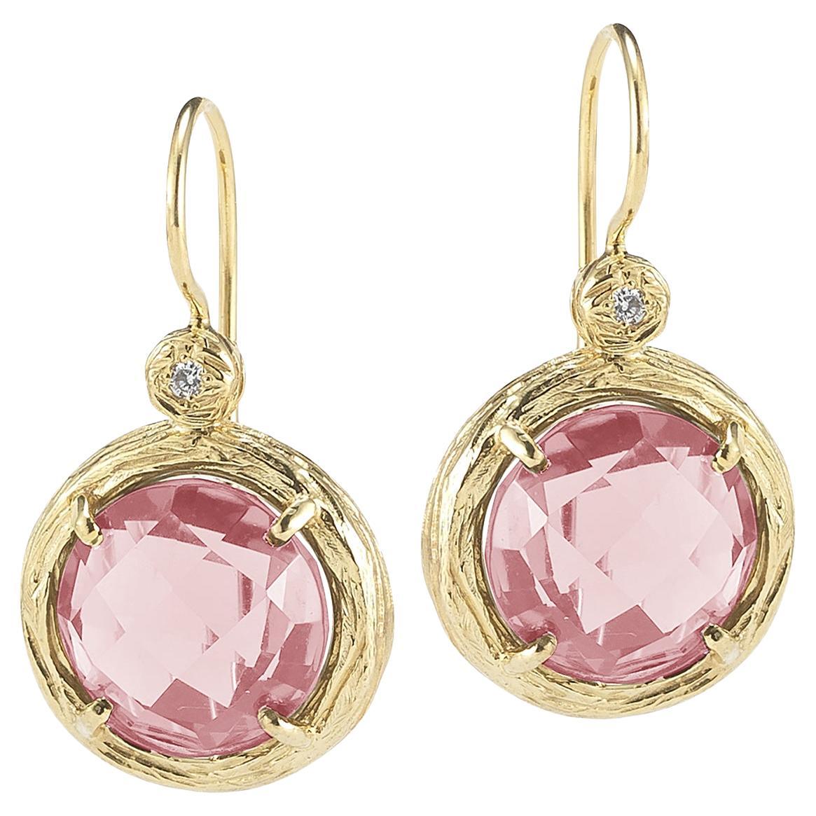 Hand-Crafted 14K Gold 0.03 ct. tw. Diamond & 7.0ct Rose Quartz Earrings