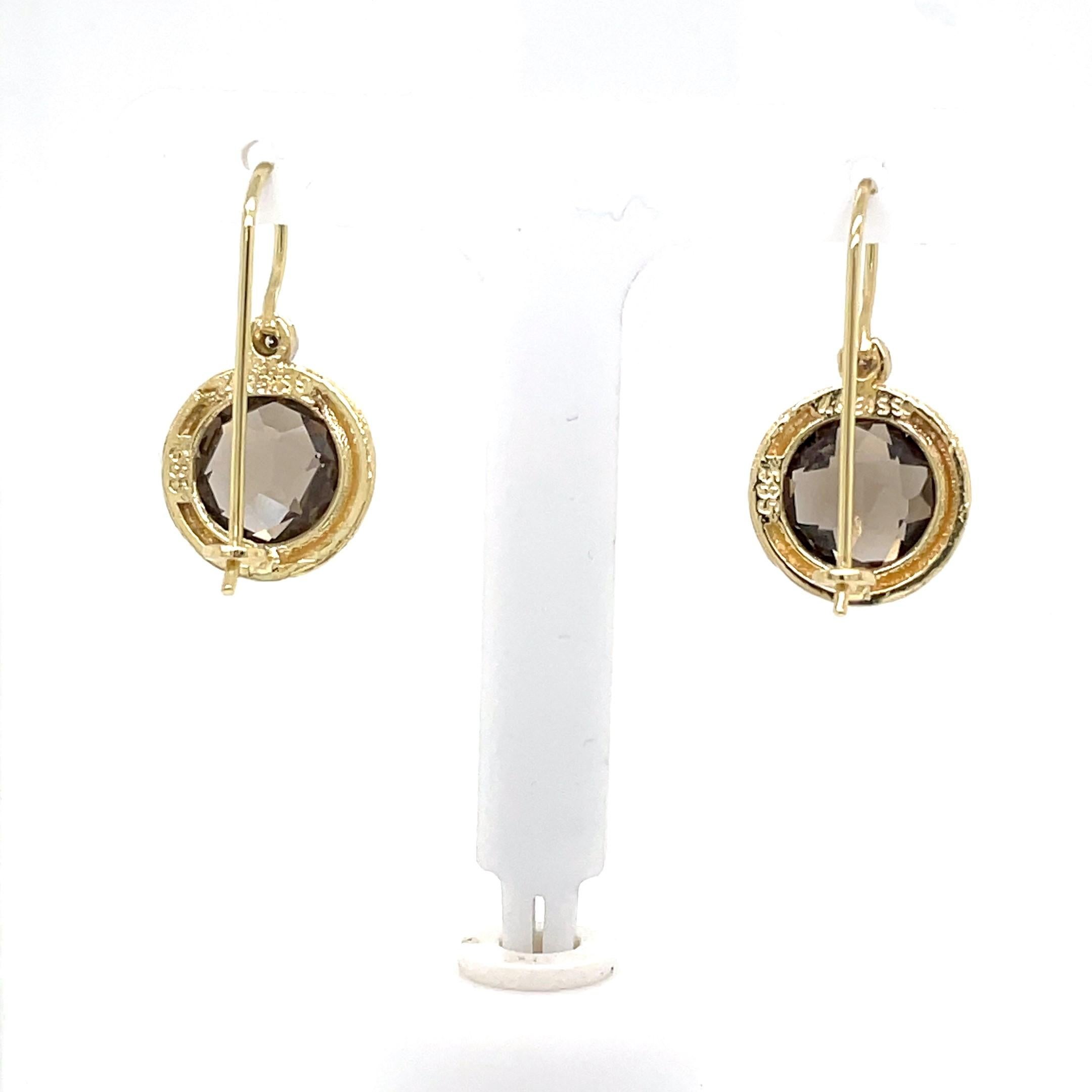 Round Cut Hand-Crafted 14K Gold 0.03 ct. tw. Diamond & 7.0ct Smokey Topaz Earrings For Sale