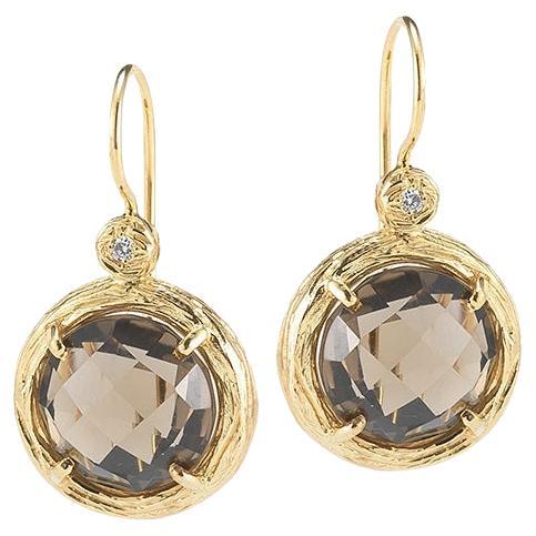Hand-Crafted 14K Gold 0.03 ct. tw. Diamond & 7.0ct Smokey Topaz Earrings