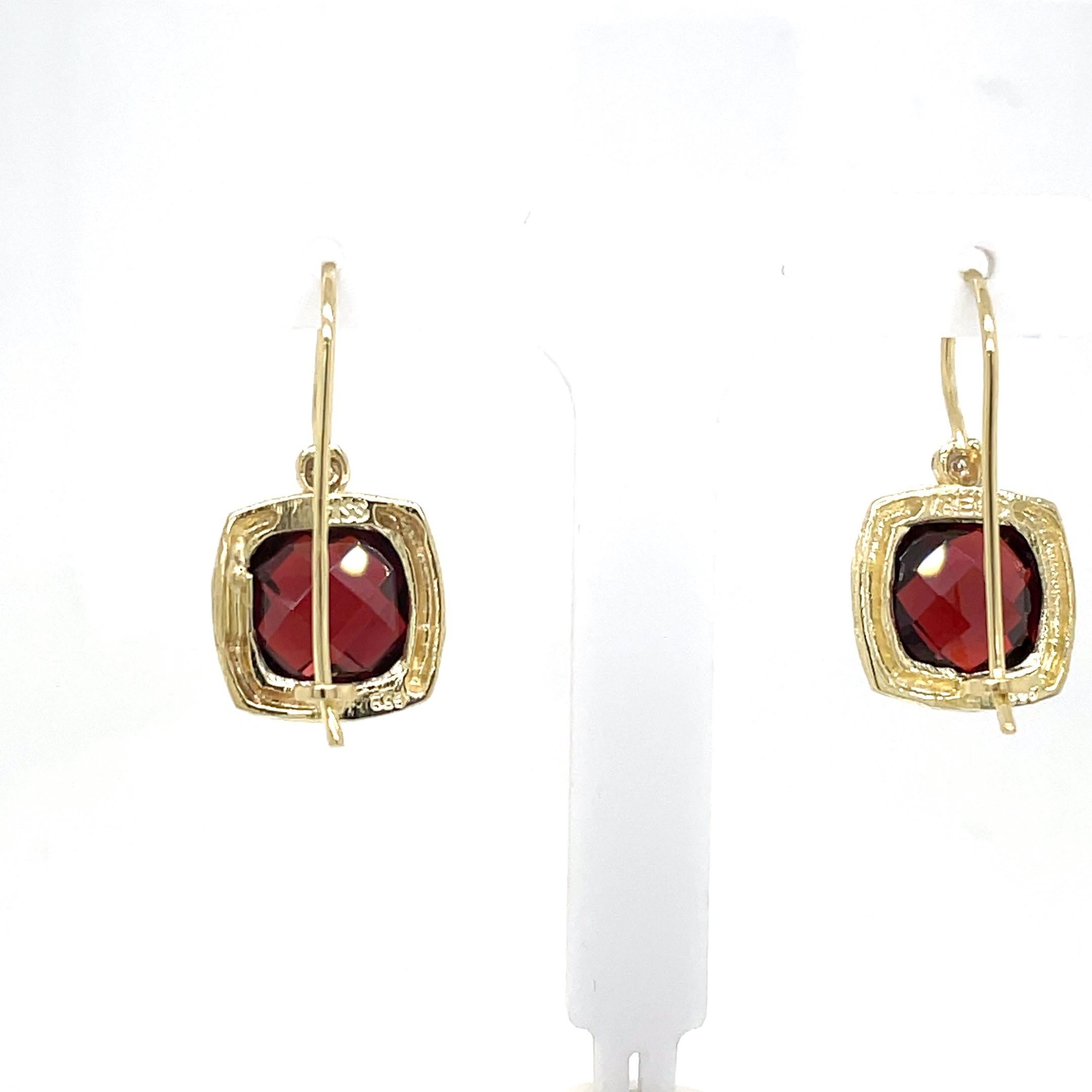 14 Karat Yellow Gold Hand-Crafted Polish-Finished Drop Earrings, Set with 10.8CT 10mm  Cushion-Shaped Checkerboard-Cut Garnet Semi-Precious Color Stone, and Accented with 0.04 Carat Diamonds.
