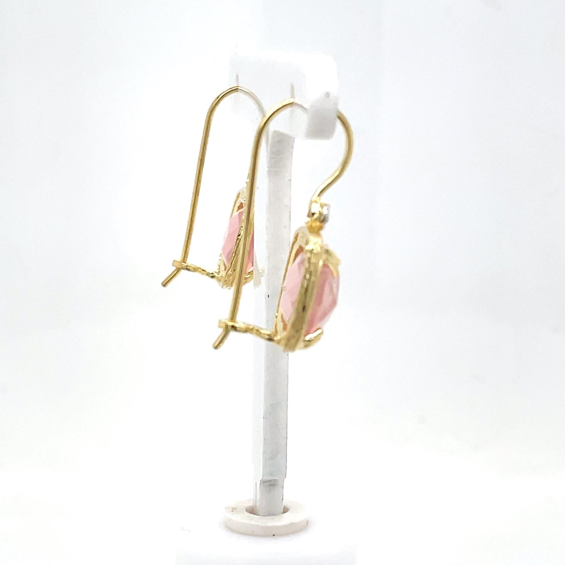 14 Karat Yellow Gold Hand-Crafted Polish-Finished Drop Earrings, Set with 6.7CT 10mm  Cushion-Shaped Checkerboard-Cut Rose Quartz Semi-Precious Color Stone, and Accented with 0.04 Carat Diamonds.
