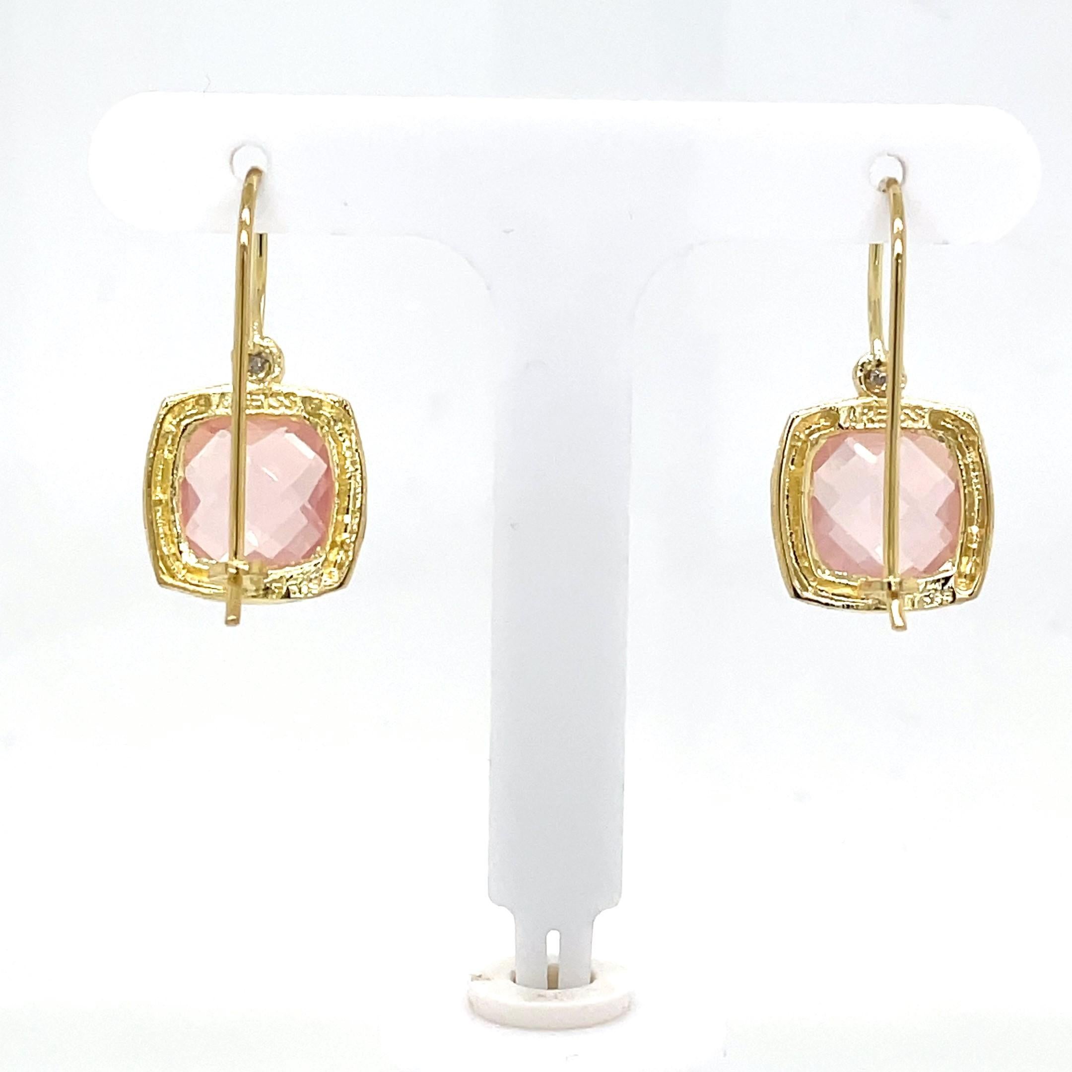 Cushion Cut Hand-Crafted 14K Gold 0.04 ct. tw. Diamond & 6.7CT Rose Quartz Earrings For Sale