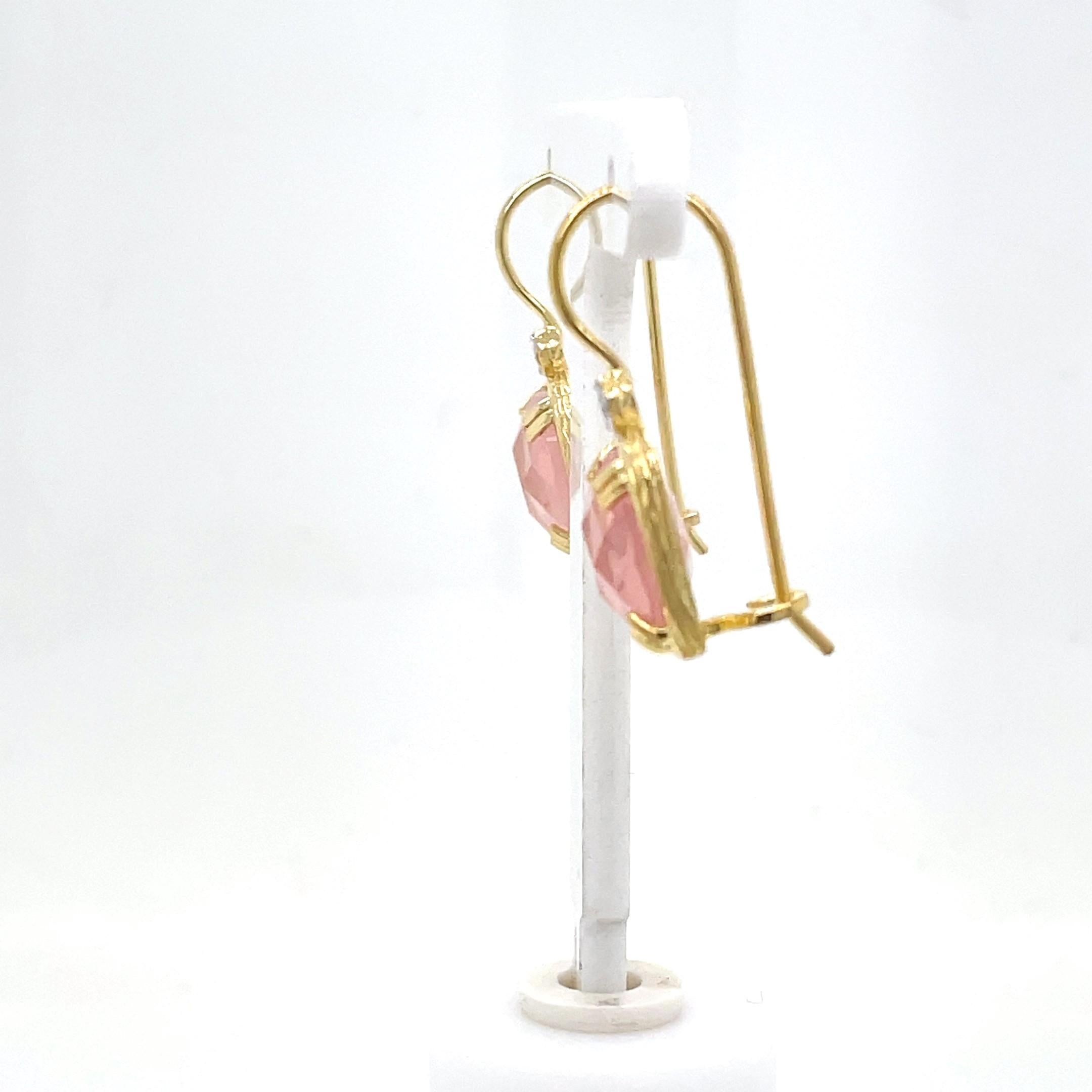 Hand-Crafted 14K Gold 0.04 ct. tw. Diamond & 6.7CT Rose Quartz Earrings In New Condition For Sale In Great Neck, NY