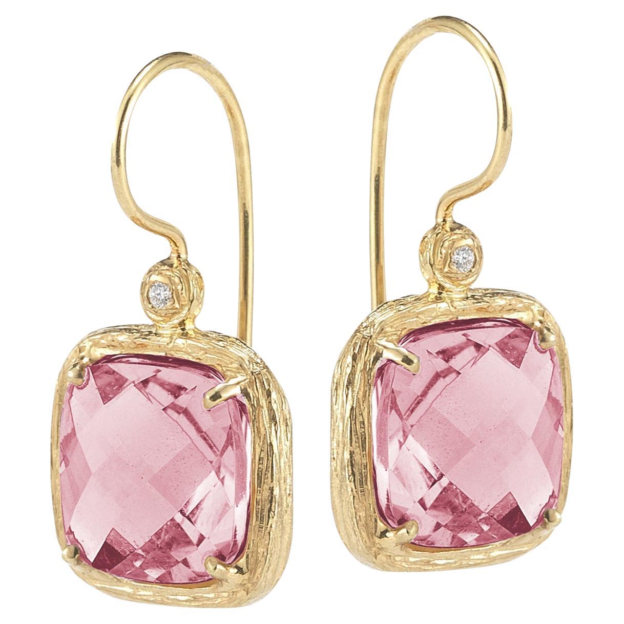Hand-Crafted 14K Gold 0.04 ct. tw. Diamond & 6.7CT Rose Quartz Earrings