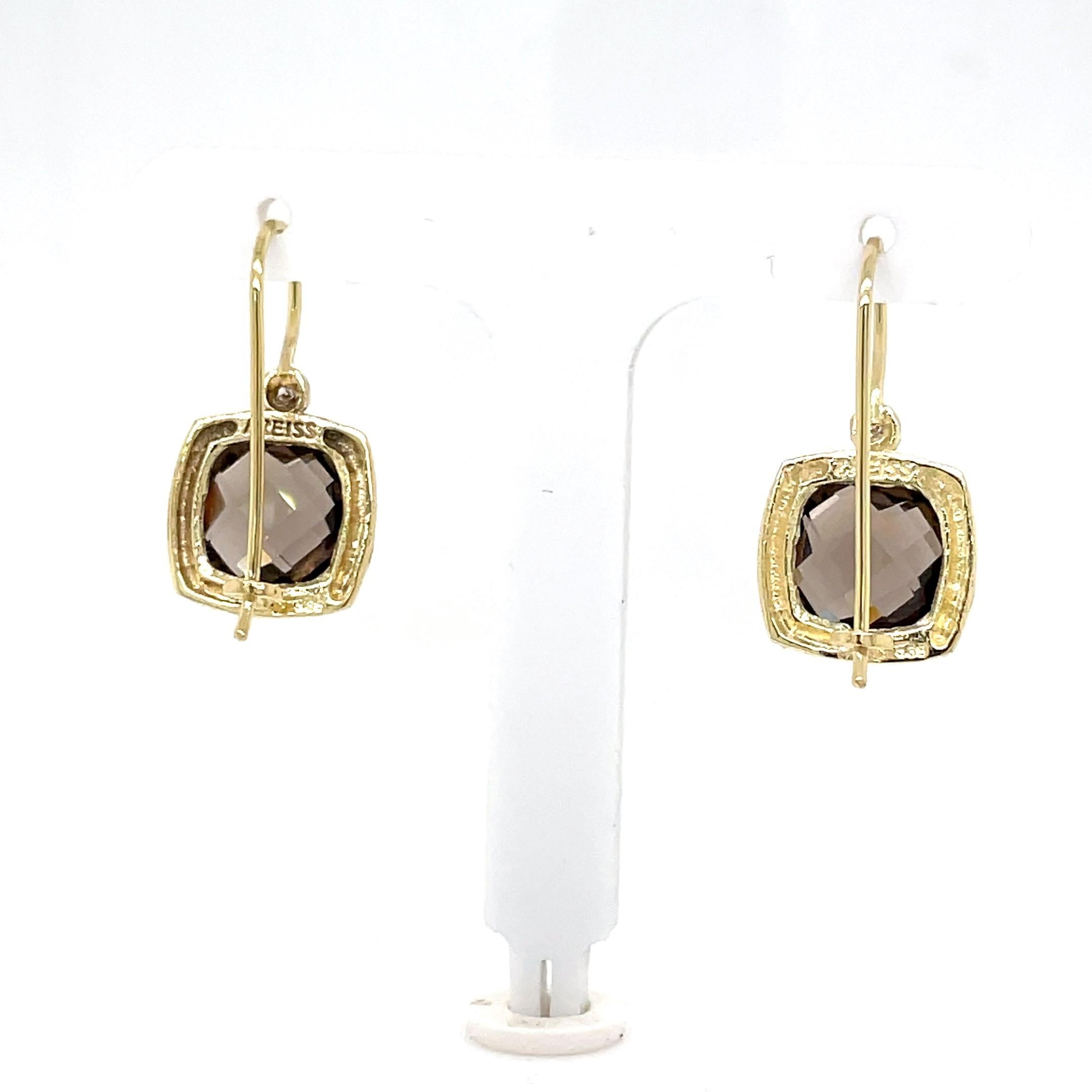 14 Karat Yellow Gold Hand-Crafted Polish-Finished Drop Earrings, Set with 10mm Cushion-Shaped Checkerboard-Cut  7.2CT Smokey Topaz Semi-Precious Color Stone, and Accented with 0.04 Carat Diamonds.
