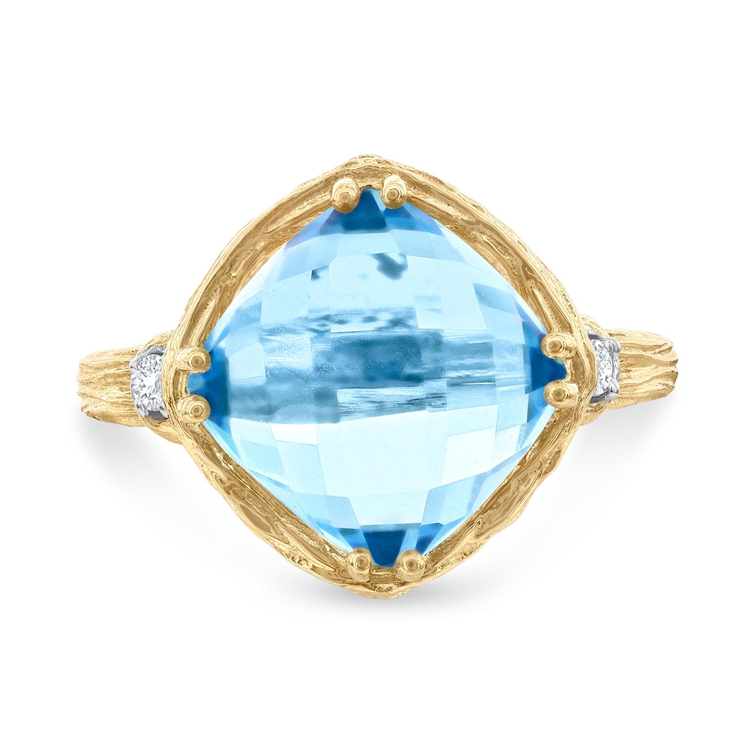 For Sale:  Hand Crafted 14K Gold 0.05 ct. Diamond & 4.75CT Blue Topaz Cocktail Ring 2
