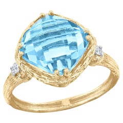 Or 14 carats fait à la main 0,05 carat Bague cocktail diamant et topaze bleue de 4.75 carats
