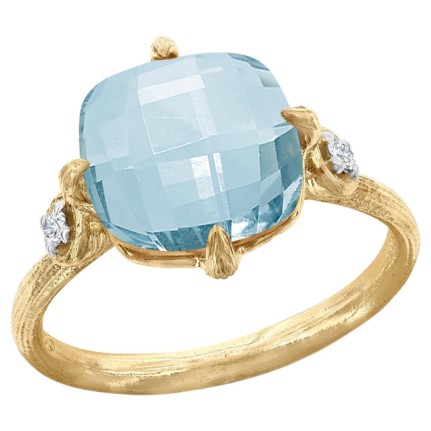 Hand Crafted 14K Gold 0.05 ct. Diamond & 4.75CT Blue Topaz Cocktail Ring