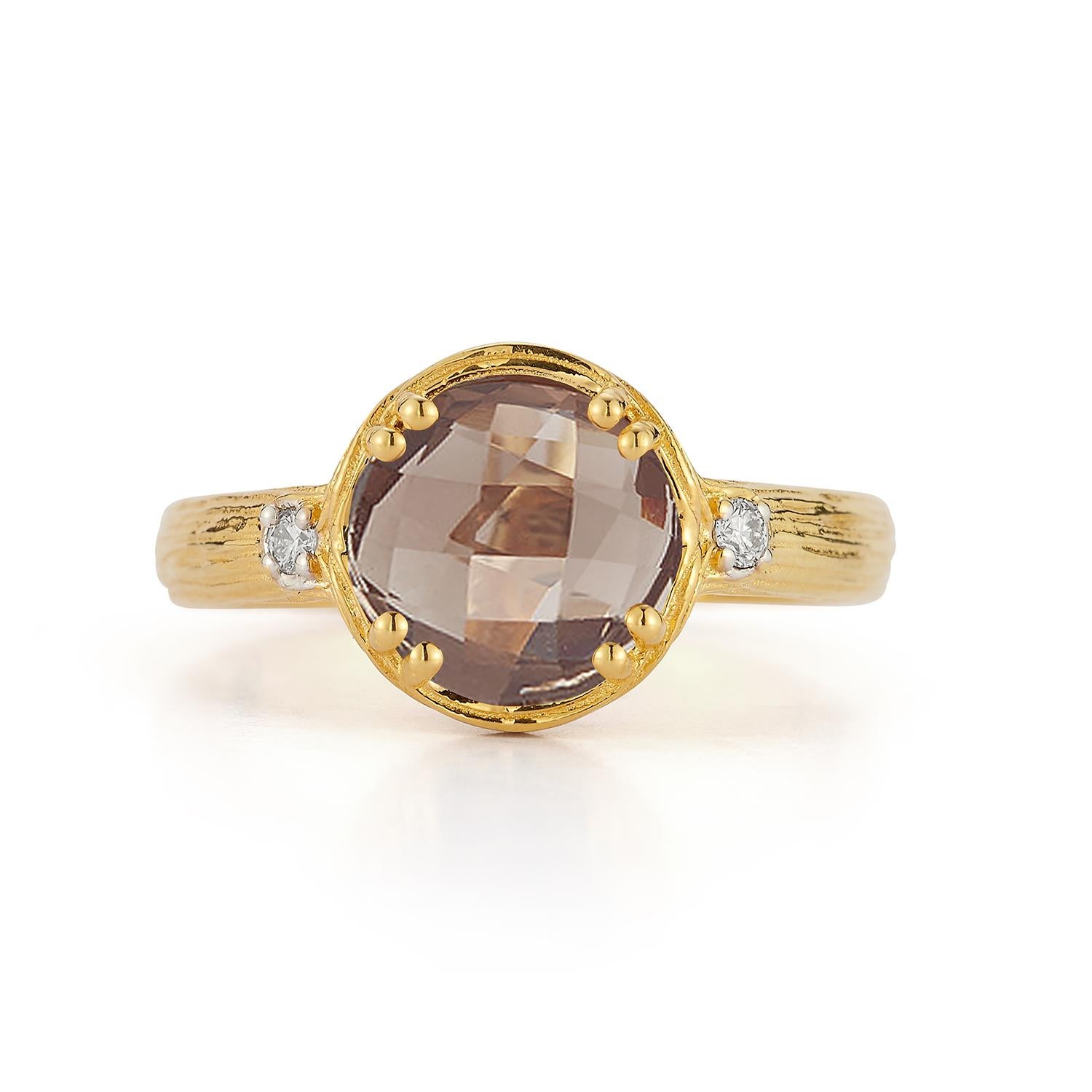 For Sale:  Hand-Crafted 14K Gold 0.05 ct. tw. Diamond & 1.75CT Smokey Topaz Cocktail Ring 3