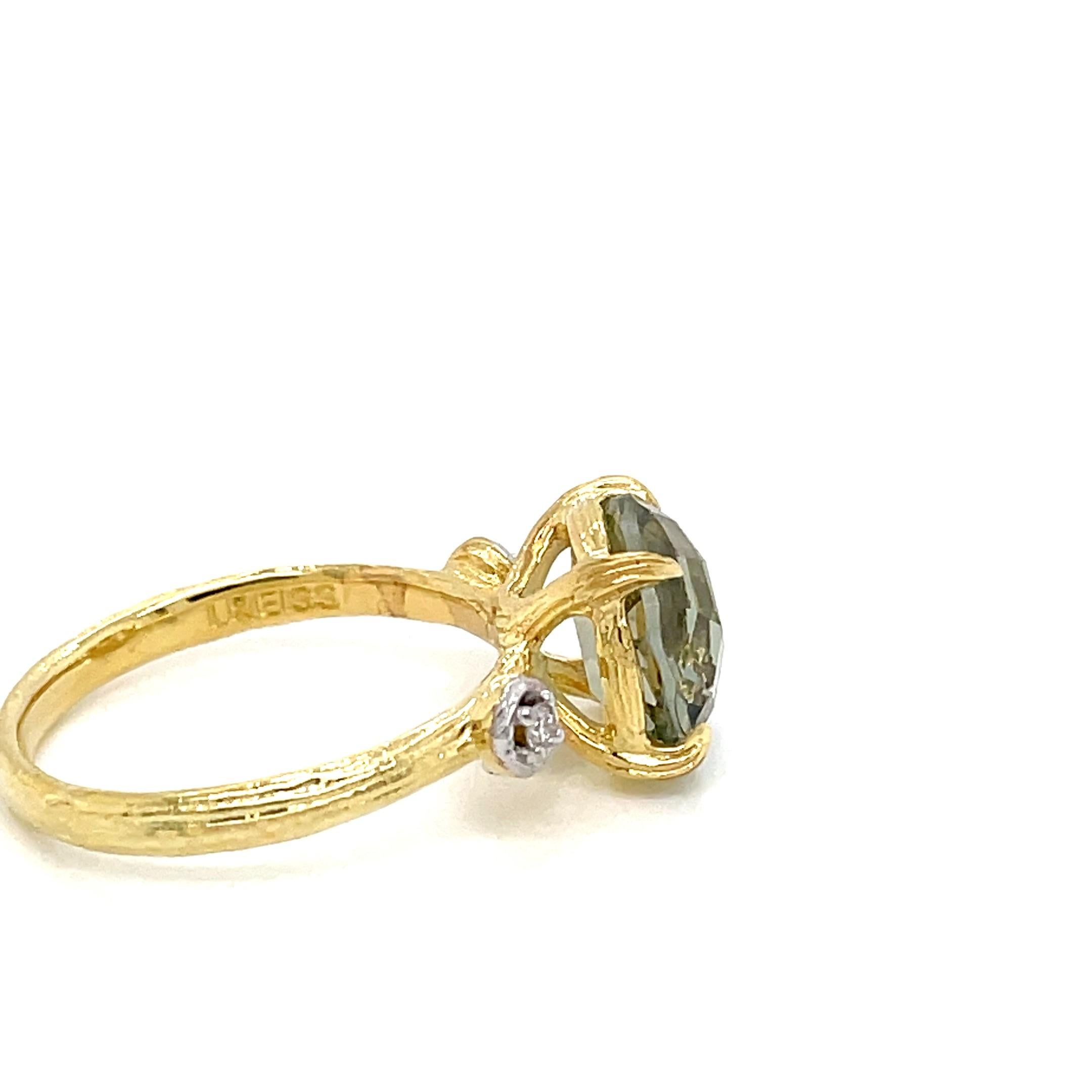 For Sale:  Hand-Crafted 14K Gold 0.05 ct. tw. Diamond & 3.25CT Green Amethyst Cocktail Ring 3