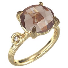 Hecho a mano en oro de 14 quilates 0,05 ct. tw. Anillo de cóctel de diamantes y topacio ahumado de 3.5 qt