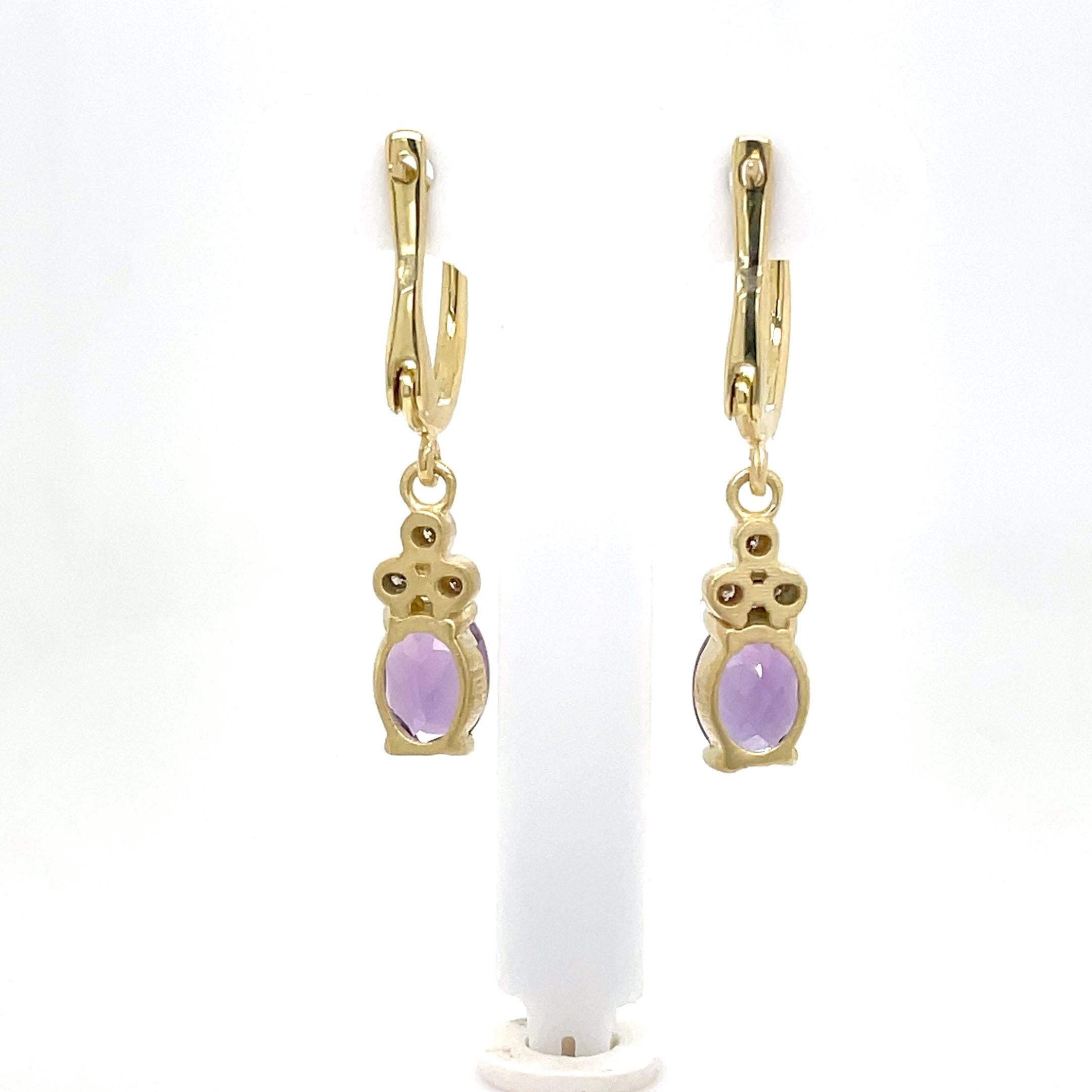 14 Karat Yellow Gold Hand-Crafted Polish-Finished Dangiing Earrings, Set with 6x8mm 2.28CT Oval-Shaped Checkerboard-Cut Amethyst Semi-Precious Color Stones, and Accented with 0.09 Carat Bezel Diamonds
