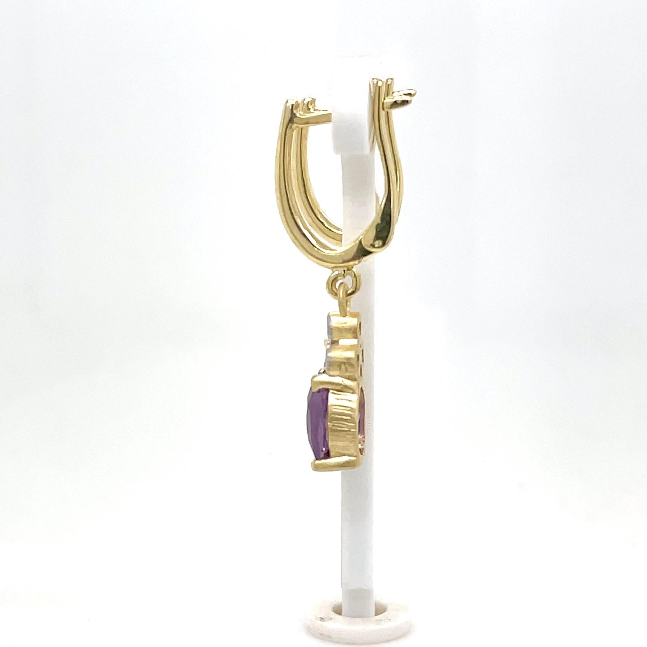 Oval Cut Hand-Crafted 14K Gold 0.09 ct. tw. Diamond & 2.28CT Amethyst Dangling Earrings For Sale