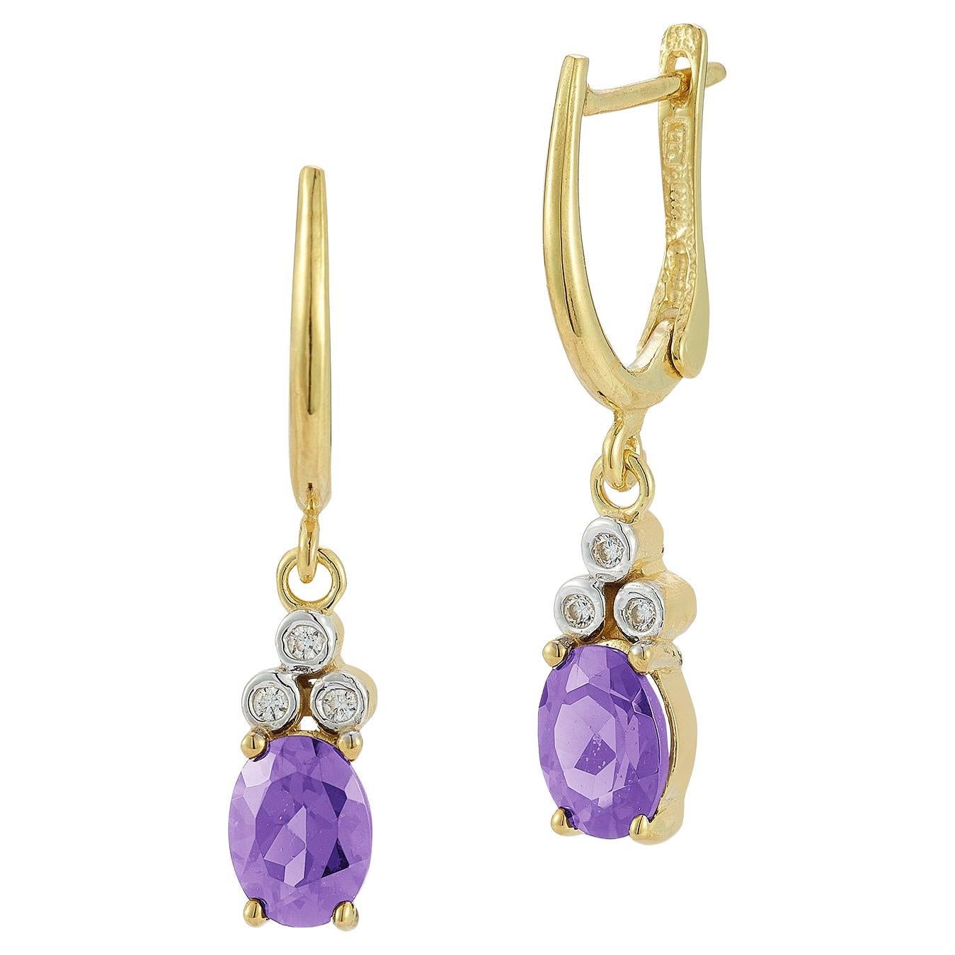 Hand-Crafted 14K Gold 0.09 ct. tw. Diamond & 2.28CT Amethyst Dangling Earrings For Sale