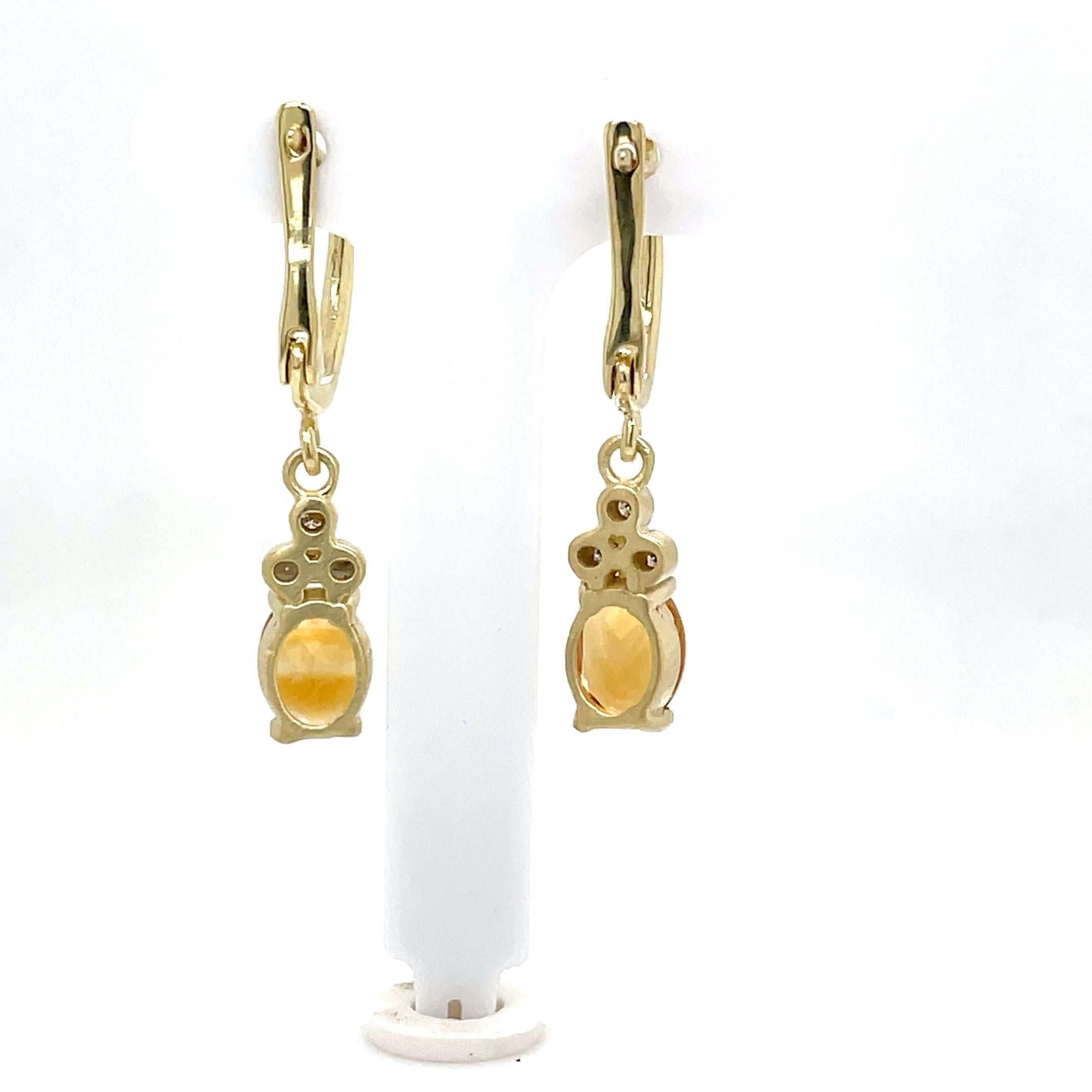 Oval Cut Hand-Crafted 14K Gold 0.09 ct. tw. Diamond & 2.34CT Citrine Dangling Earrings For Sale