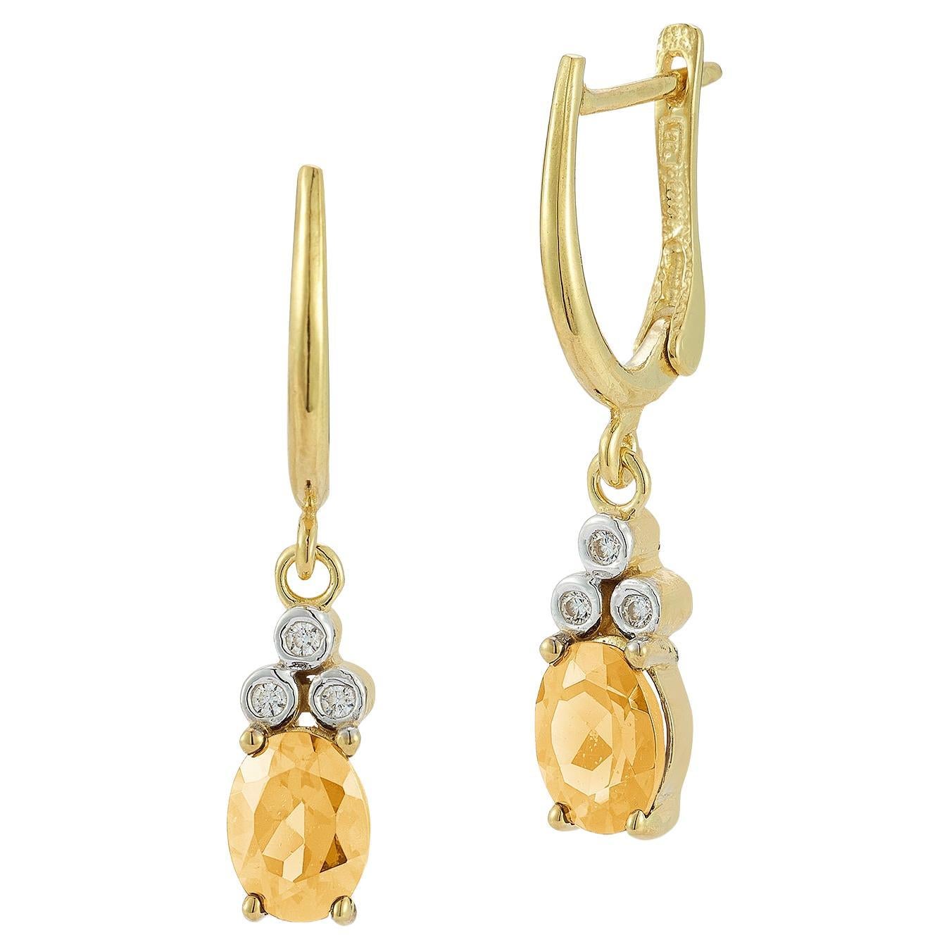 Hand-Crafted 14K Gold 0.09 ct. tw. Diamond & 2.34CT Citrine Dangling Earrings