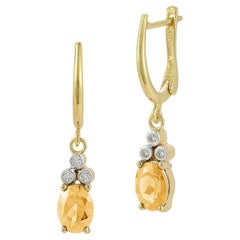 Or 14 carats fait main 0,09 carat tw. Boucles d'oreilles pendantes en diamant et citrine 2.34CT