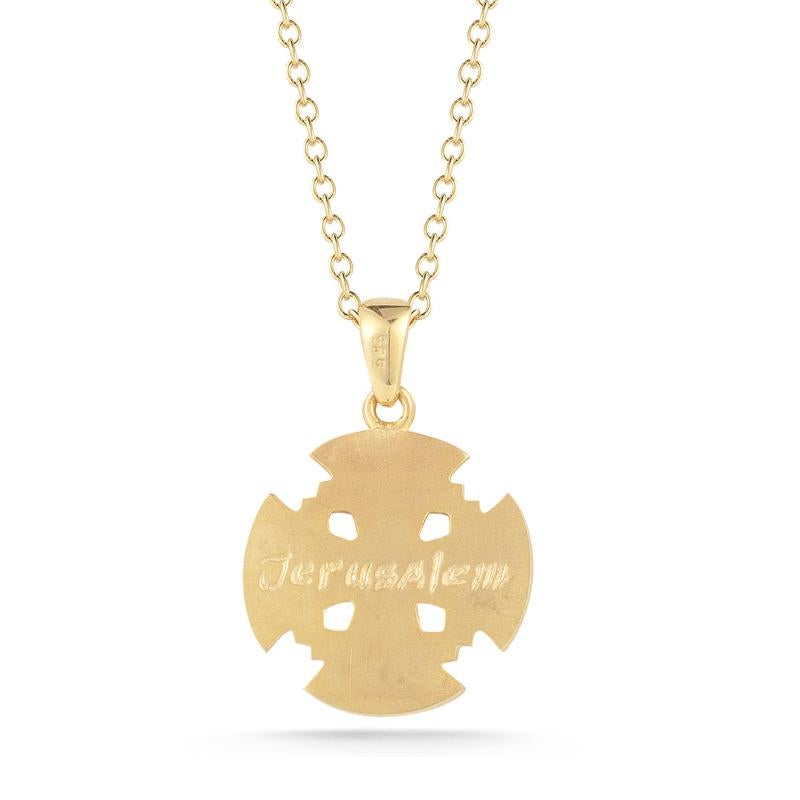 14 Karat Yellow Gold Hand-Crafted Polish-Finished Jerusalem Cross Pendant, Engraved with the 