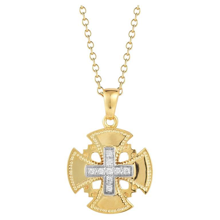  Hand-Crafted 14K Gold 0.10 ct. tw. Diamond Jerusalem Cross Necklace For Sale