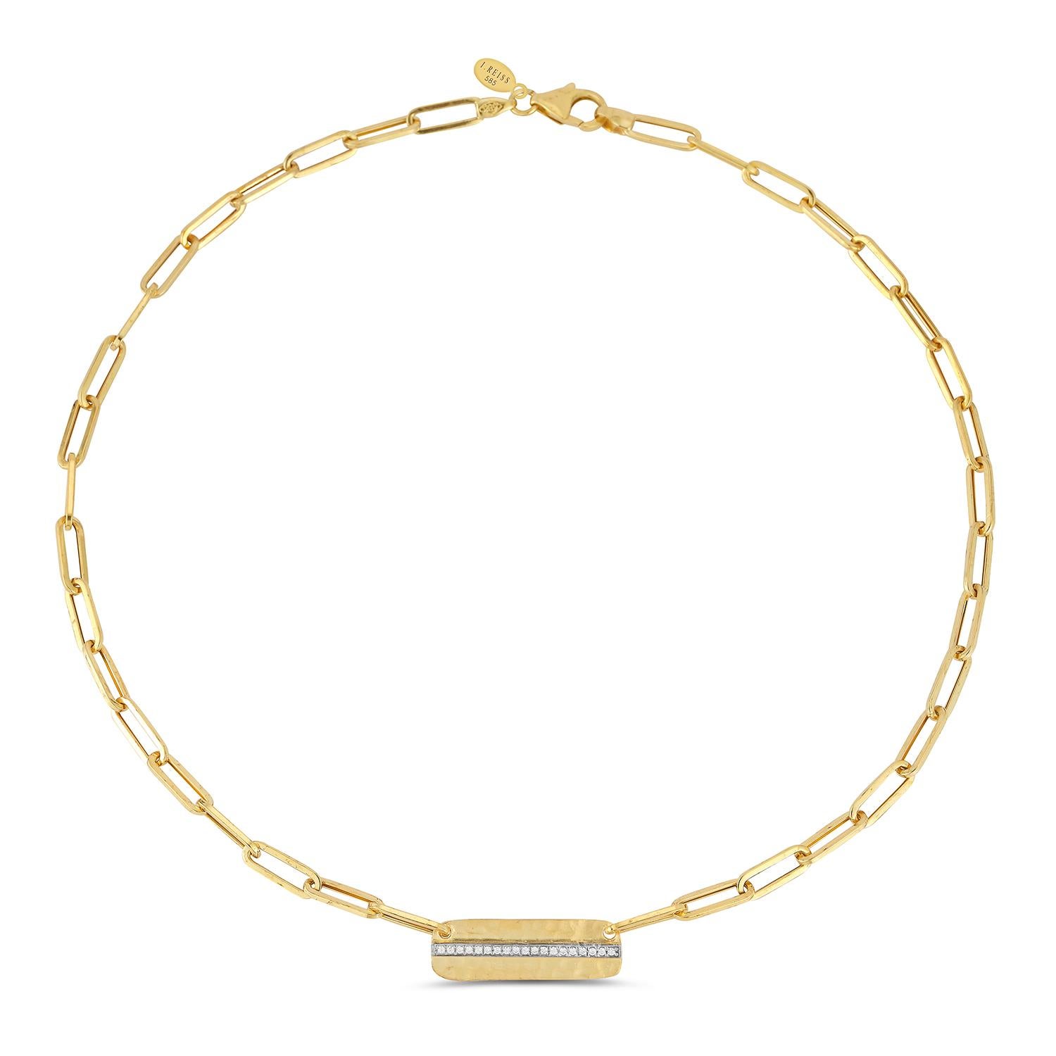 14 Karat Gelbgold Hand-Crafted polnischen fertig Papier-Clip Open Link Dog-Tag Halskette, mit 0,11 Karat Pave Set Diamanten akzentuiert.  Karabinerhaken-Verschluss.

