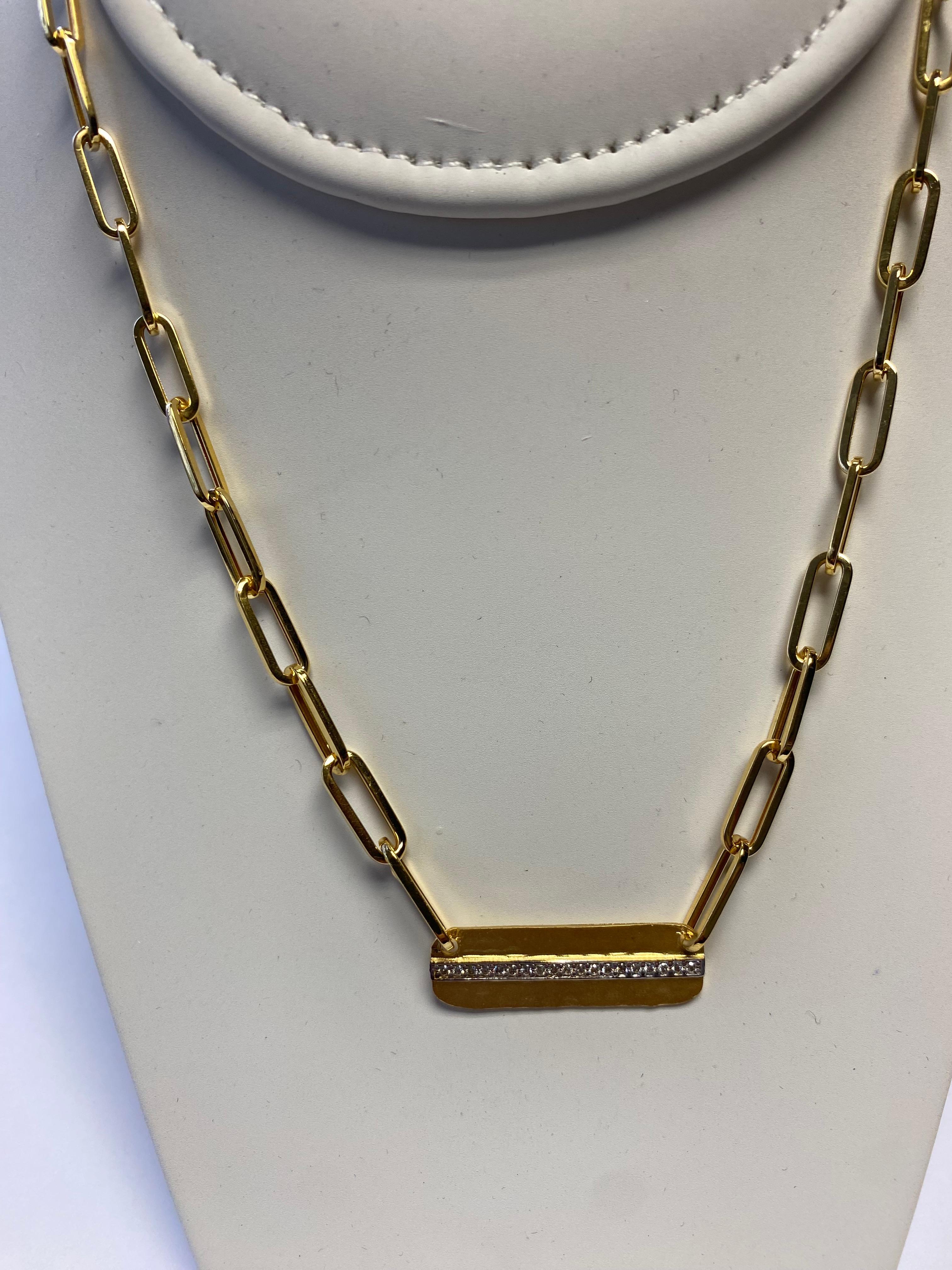 Handgefertigtes 14K Gold 0.11 ct. tw. Dog Tag Paper-Clip Open Link Halskette im Zustand „Neu“ im Angebot in Great Neck, NY