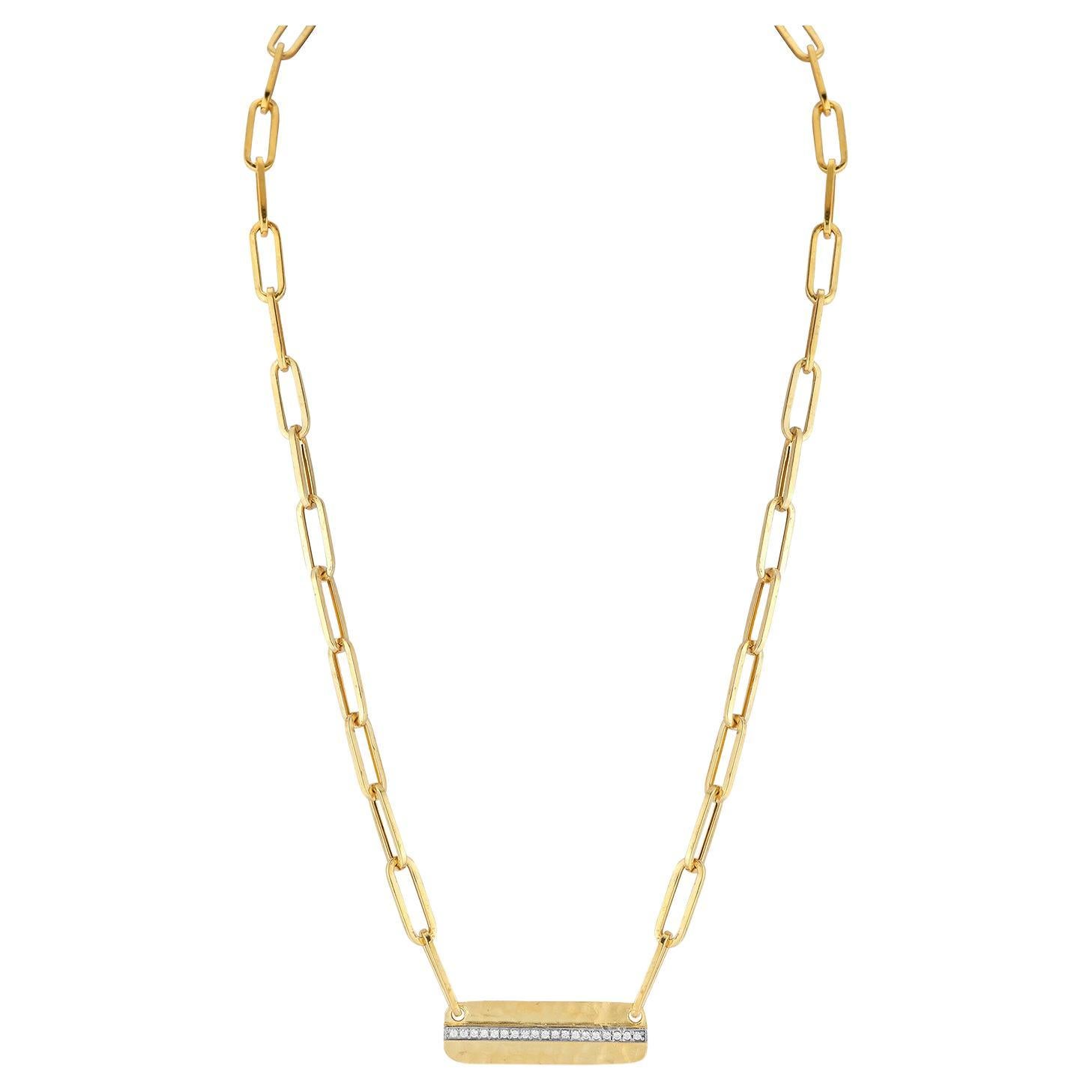 Hand-Crafted 14K Gold 0.11 ct. tw. Dog Tag Paper-Clip Open Link Necklace For Sale