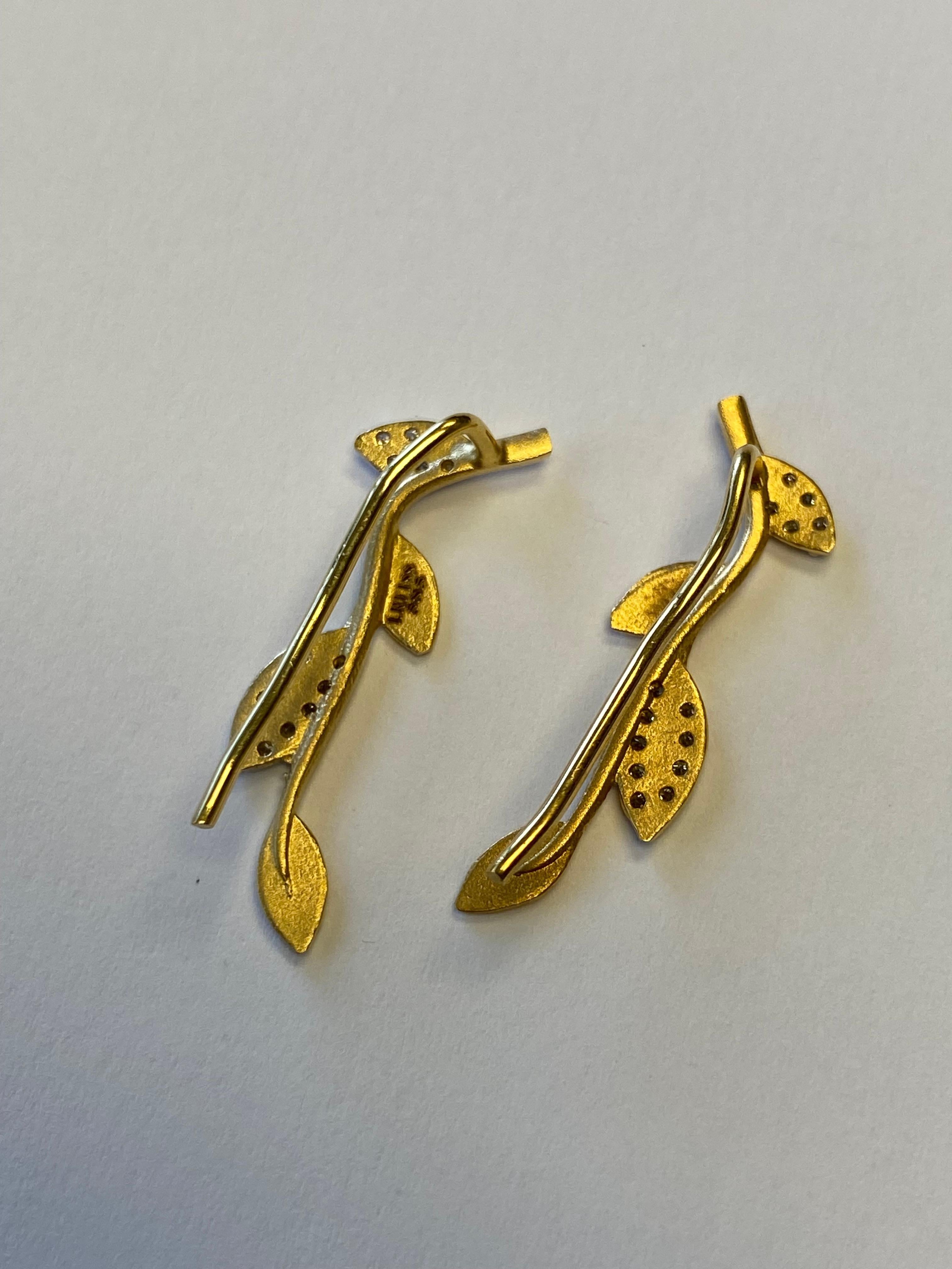 Round Cut Hand-Crafted 14K Gold 0.18 ct. tw. Climber Earrings For Sale