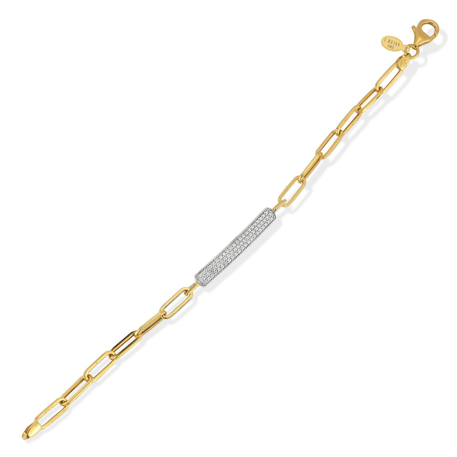 Bracelet d'identification en or jaune 14 carats à maillons ouverts en forme de trombones, rehaussé de 0,40 carats de diamants sertis en pavé.  Fermoir à griffe de homard.
