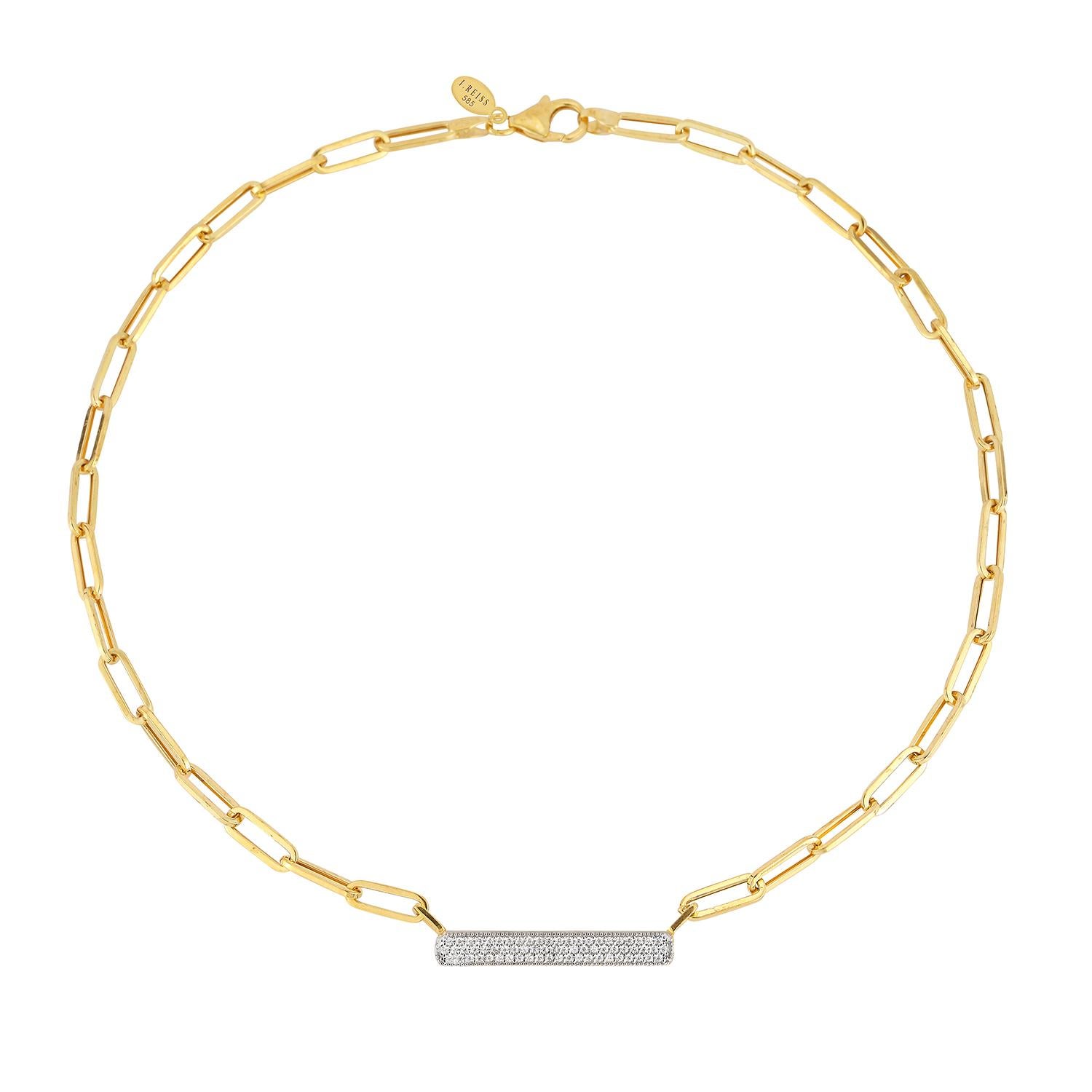 Collana in oro giallo 14 carati lavorata a mano, rifinita a mano con graffette, con diamanti incastonati, impreziosita da 0,40 carati di diamanti incastonati.  Chiusura a moschettone.
