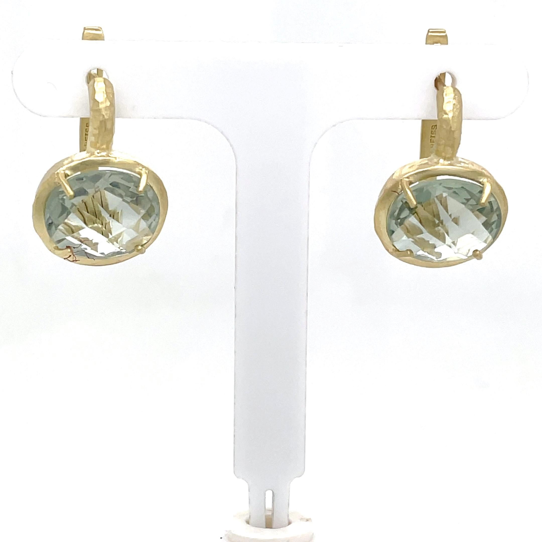 Women's Hand-Crafted 14K Gold  10.5CT Green Amethyst Color Stone Earrings For Sale
