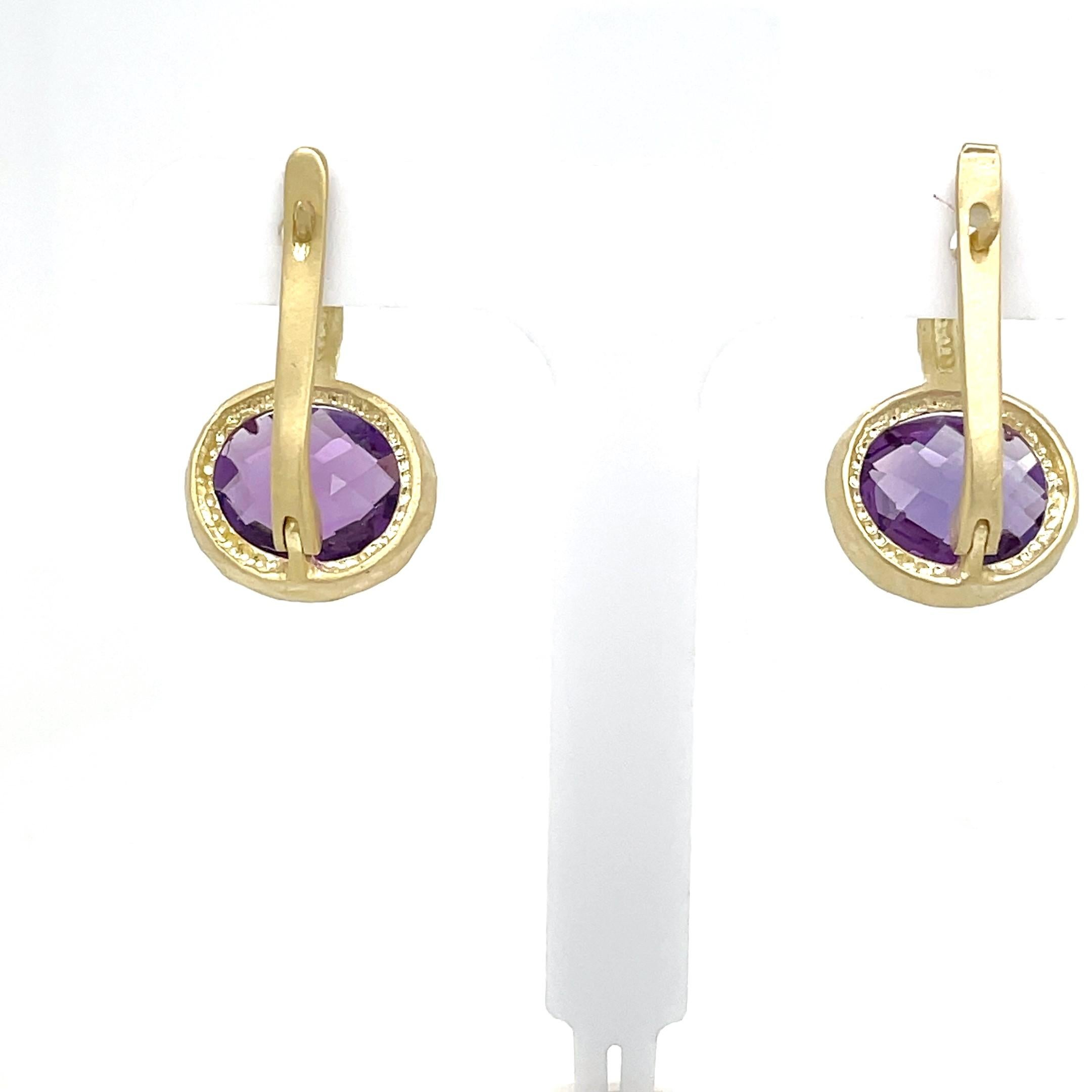 14 Karat Yellow Gold Hand-Crafted Matte and Hammer-Finished Drop Earrings, Set with 10.7CT 10x14mm Checkerboard-Cut Oval-Shaped Amethyst Semi-Precious Color Stones
