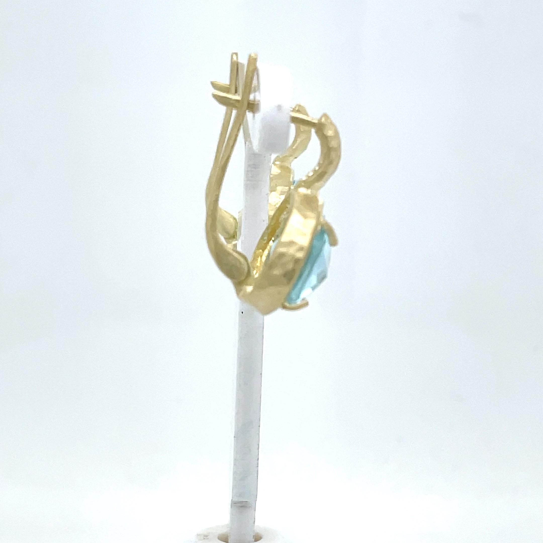 14 Karat Yellow Gold Hand-Crafted Matte and Hammer-Finished Drop Earrings, Set with 13.6CT 10x14mm Checkerboard-Cut Oval-Shaped Blue Topaz Semi-Precious Color Stones
