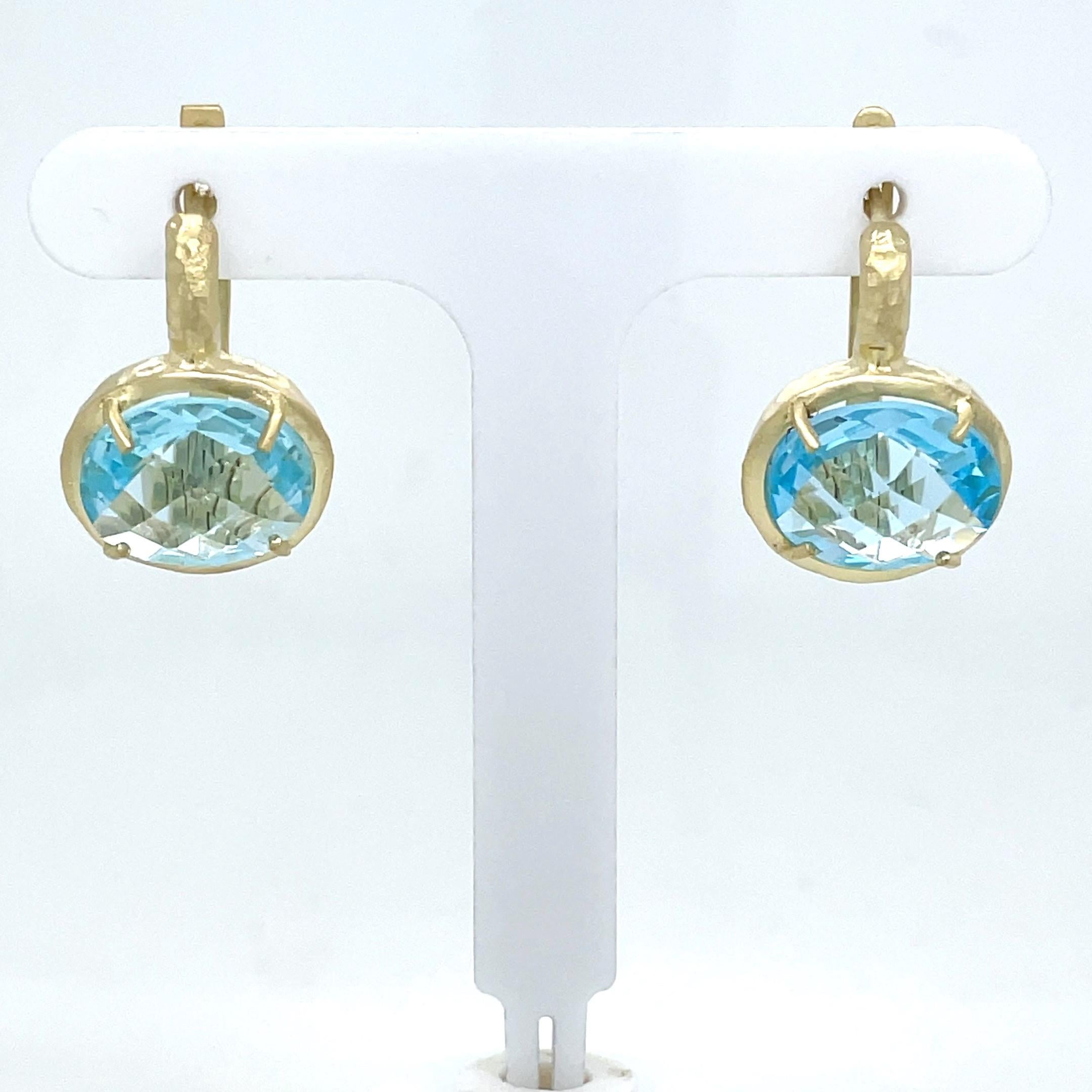 Hand-Crafted 14K Gold 13.6CT Blue Topaz Color Stone Earrings In New Condition For Sale In Great Neck, NY