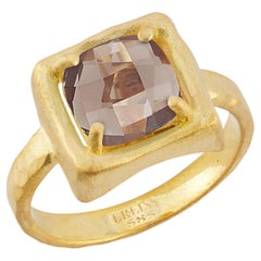 Bague cocktail faite main en or 14 carats 2 carats avec topaze fumée de 8 mm