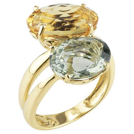 Bague cocktail artisanale en or 14 carats avec améthyste verte 3,7 carats et citrine 2,45 carats
