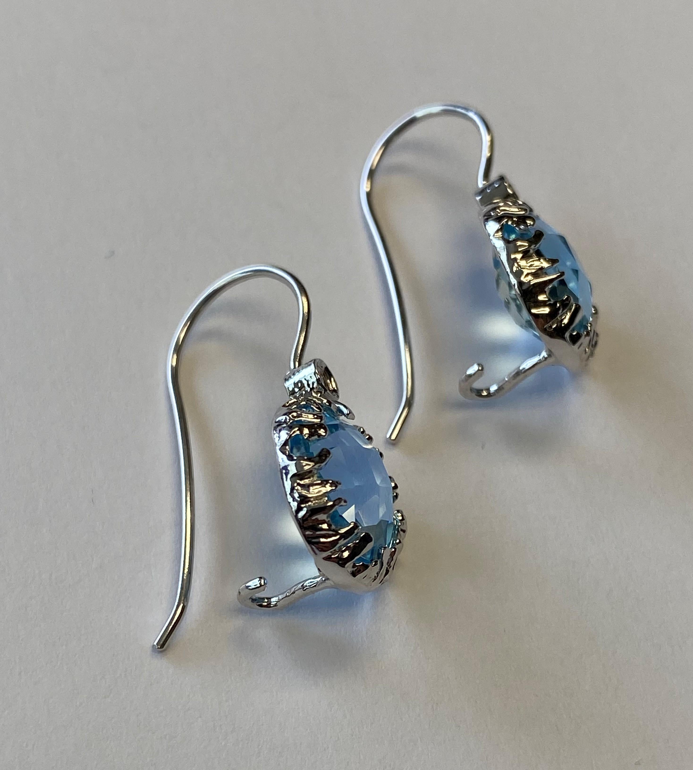 Handcrafted 14k White Gold 0.03 Carat Tw, Drop Blue Topaz Color Stone Earrings In New Condition For Sale In Great Neck, NY